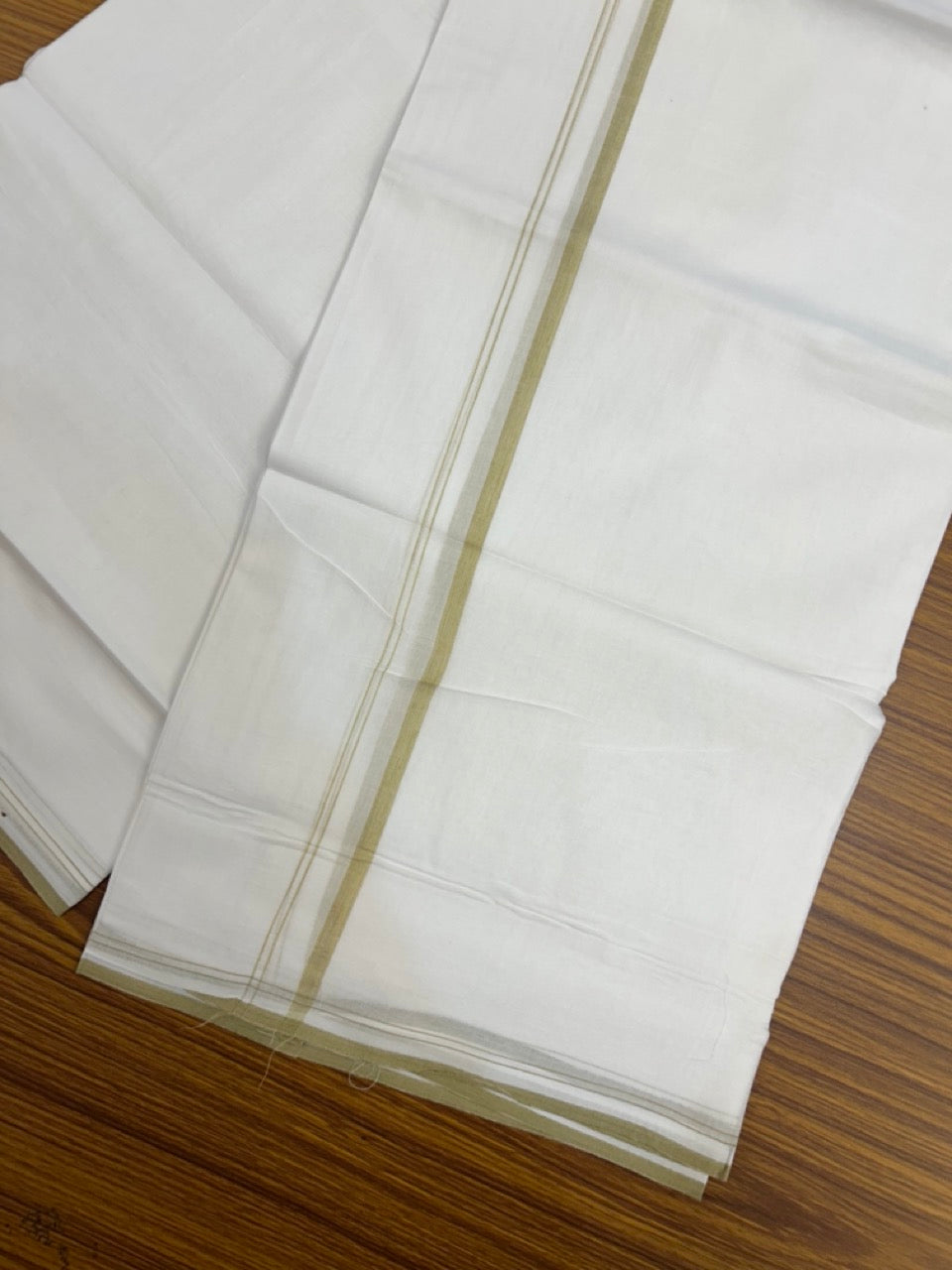 20% DISCOUNT!! NEW!! KaithariKada Balaramapuram 100% Cotton PURE WHITE Double Mundu/Dhoti - (100x80)s - 0.5 inch Mustard Yellow Shaded - 42 KK5249 VIN
