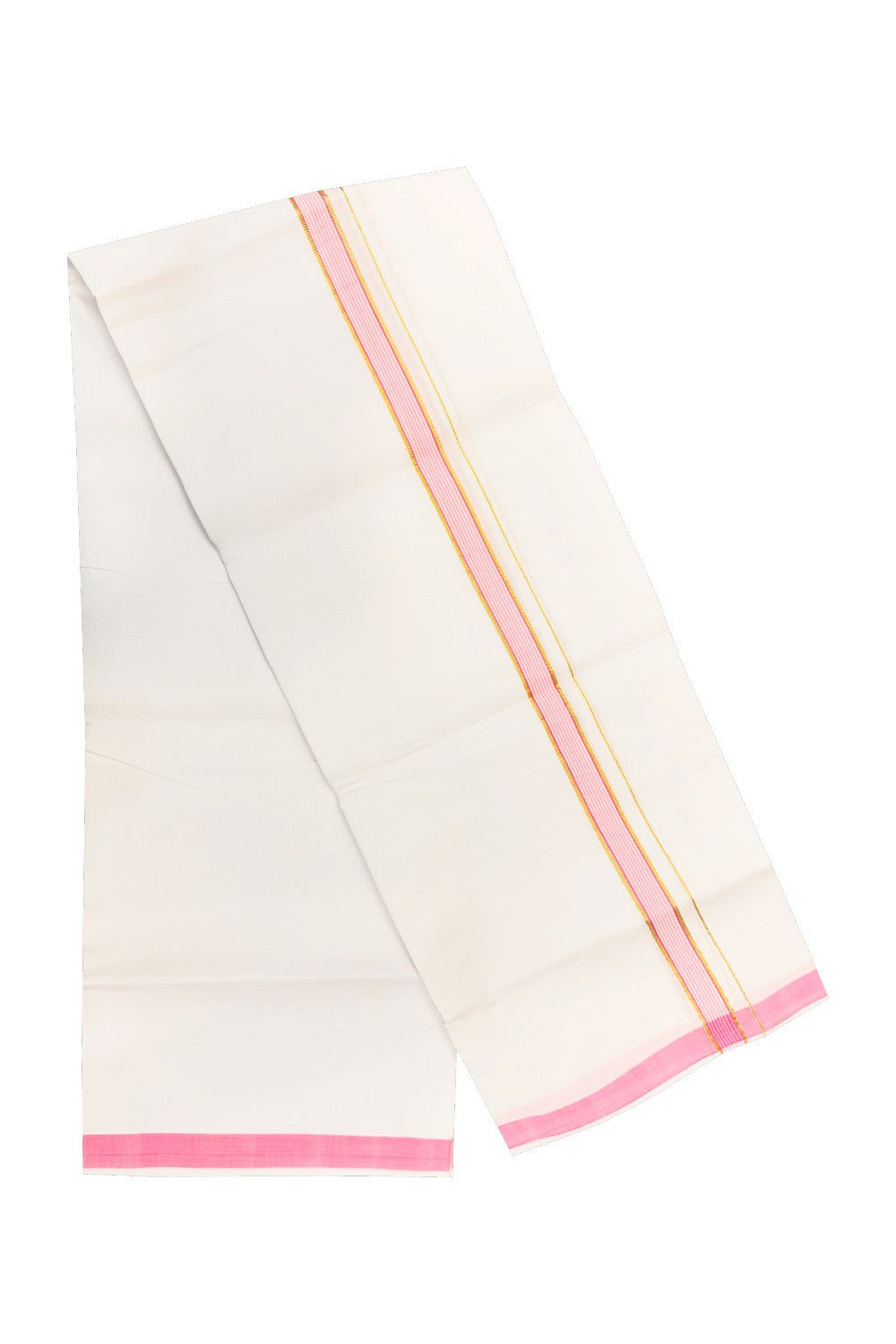 30% OFFER! KaithariKada 100% Cotton Balaramapuram HANDLOOM Single PURE WHITE Mundu/Dhoti - 1.25 inch (2 meter / 4 muzham) Pink Kara & White Stripes - 43KAI.