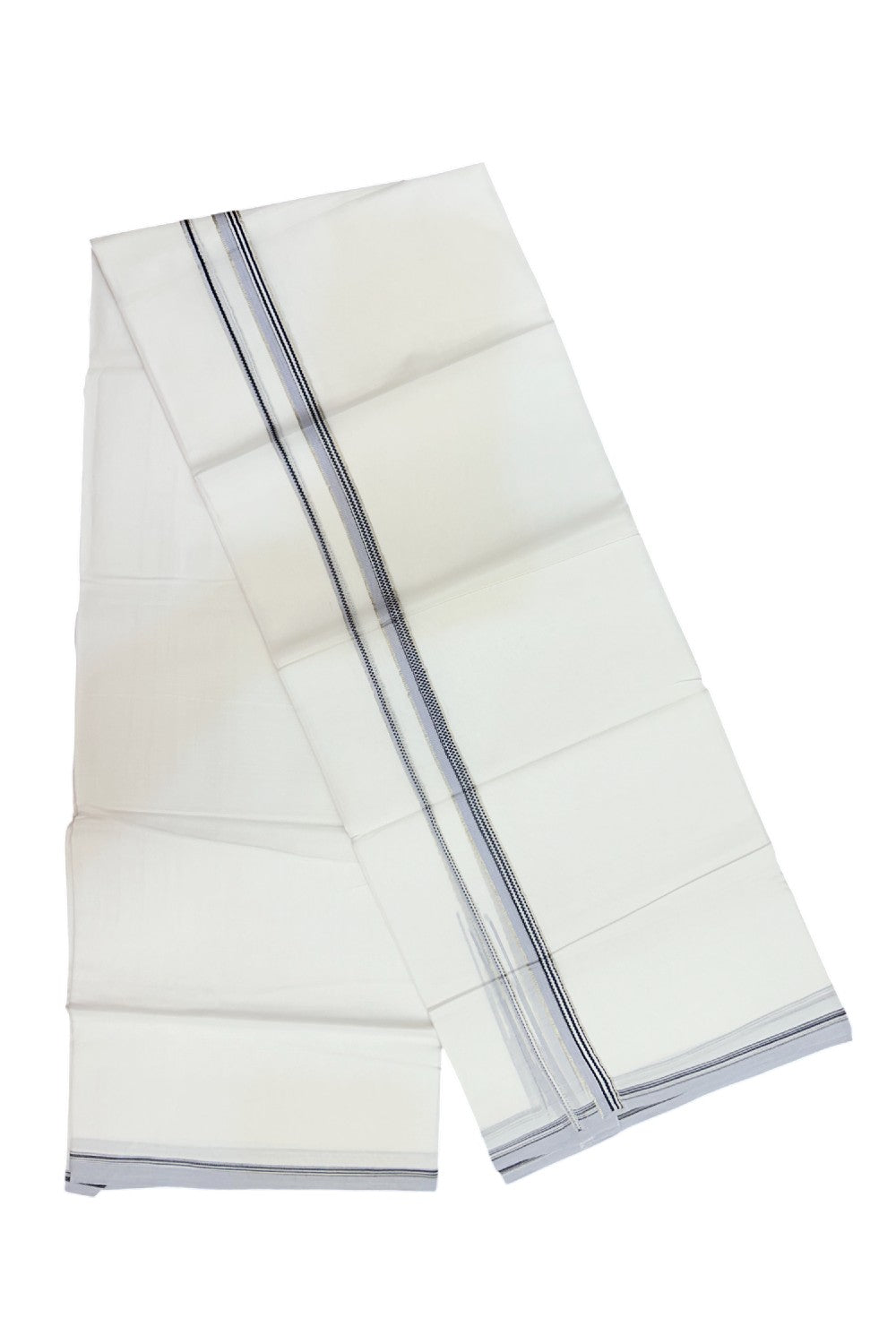 20% Discount !! Kaitharikada Balaramapuram 100% Cotton PURE WHITE DOUBLE Mundu/Dothi- 100X80 Thread - 0.5 inch - Silver Kasavu Ash Blue & Black Design Chutty Kara - 43KK5191CKS