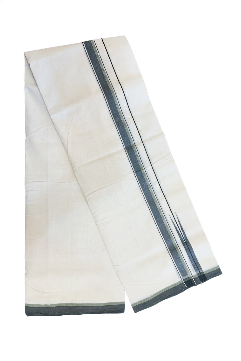 25% DISCOUNT!! KaithariKada HANDLOOM UNAKKUPAAV Balaramapuram - 100% PURE Cotton OFF White - (Unbleached) Double Mundu/Dothi - 80X100 - 1 inch Puliyilakkara Silver Kasavu Olive Green & Green Striped Chutty Kara 3.80 meter (8.5 Muzham) - 43KK5209 REA