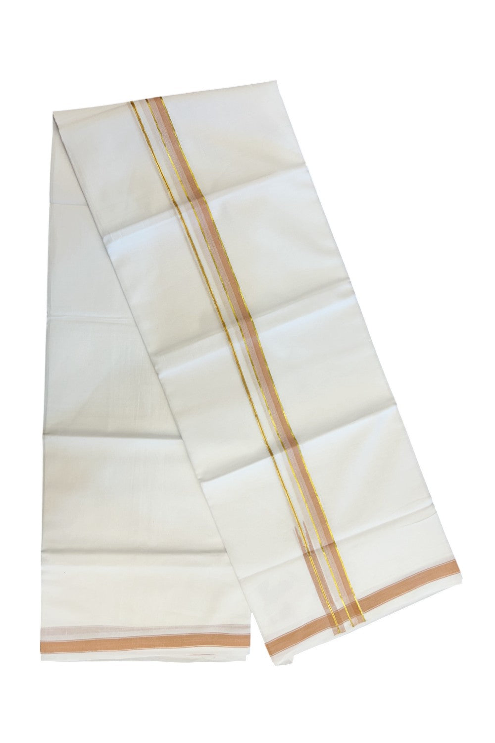 20% DISCOUNT!! Kaitharikada Balaramapuram 100% Pure Cotton PURE WHITE Double Mundu/Dothi - 100x80 - 0.75 Inch Pastel Orange & Gold Kasavu shaded Stripes Puliyilakkara Chutty - 43KK5217 CKS
