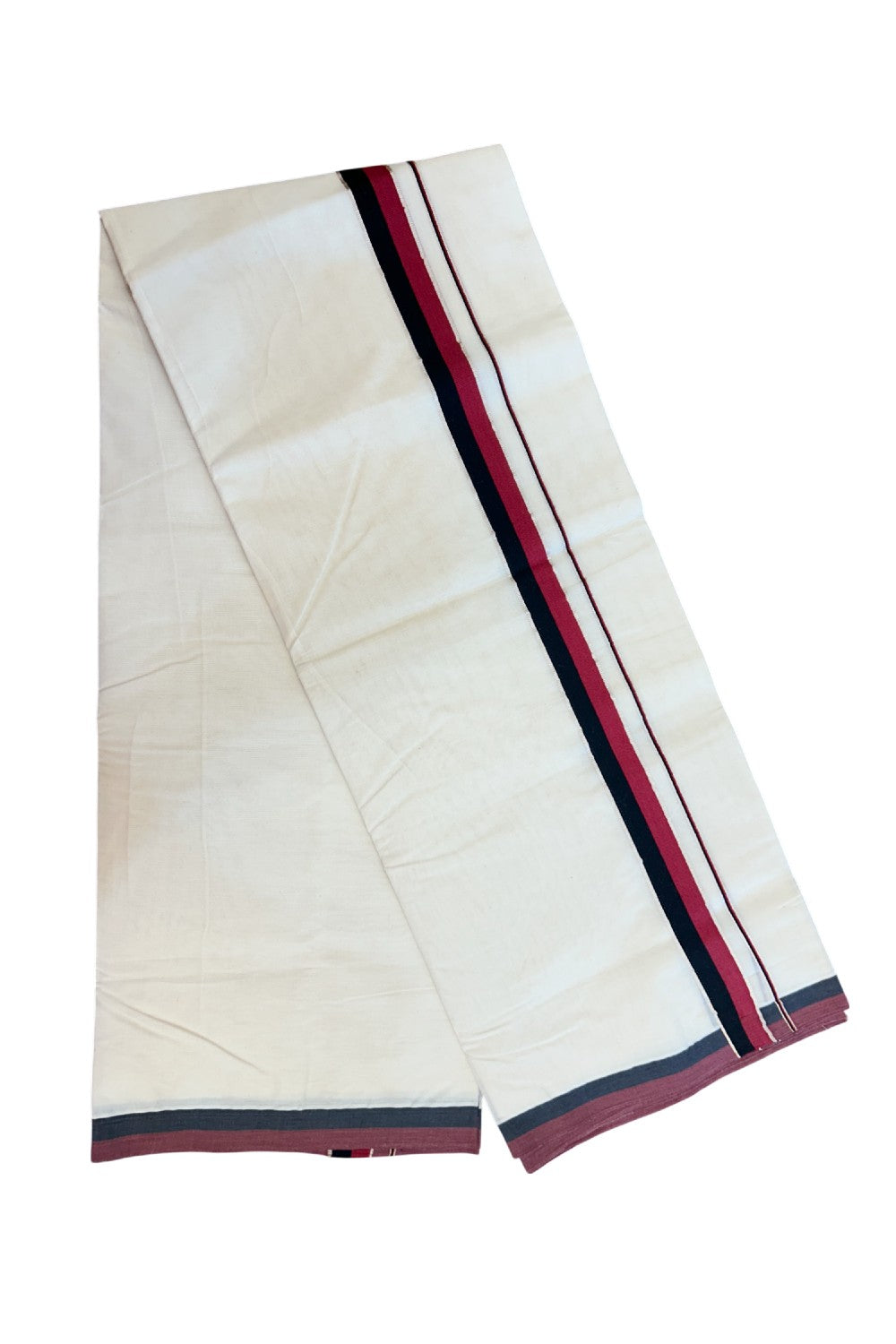 DMK Veshti - 20% DISCOUNT! KaithariKada 100% Cotton off white Double - (Unbleached) Mundu/Dhoti - 100X100 - 1 inch Silver Kasavu & Black Maroon kara - 51KK5218ASH