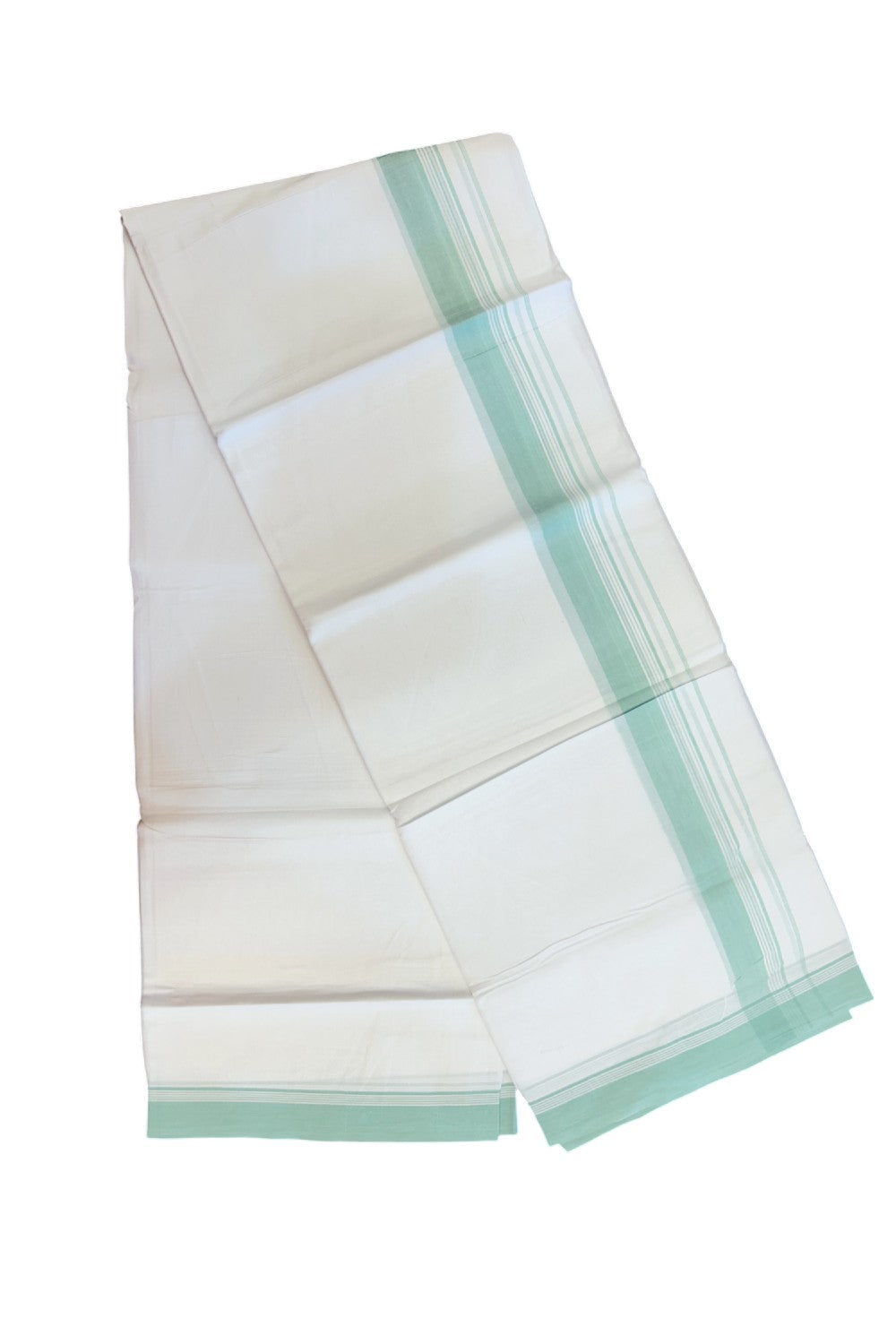 20% Discount ! Kaitharikada Balaramapuram 100% Cotton PURE WHITE Double Mundu/Dothi - 100x80 - 1.5 inch Mint Green Striped Kara 3.75 mtr (8 muzham) - 43KK5220 THI