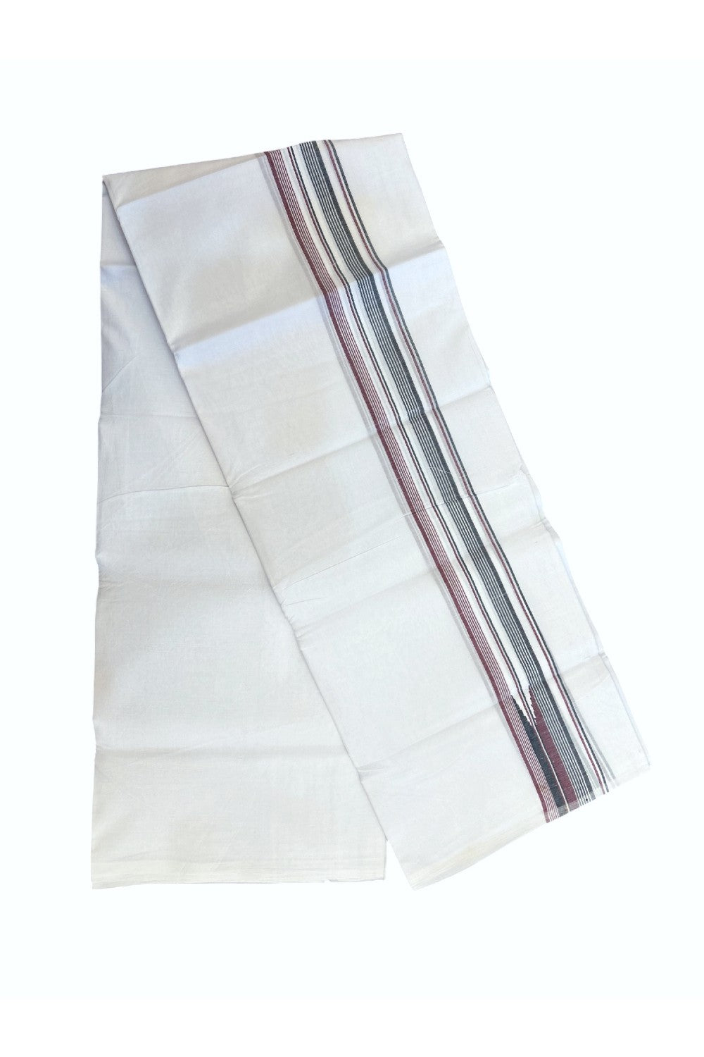 ADMK VESHTI 20% Discount !! KaithariKada Balaramapuram Double PURE WHITE Mundu/Dhoti - 100X100 - 1.75 inch Puliyilakkara Maroon & Black Striped Chutty Kara 4.34 mtr (9 muzham) - 41KK5224 ASH