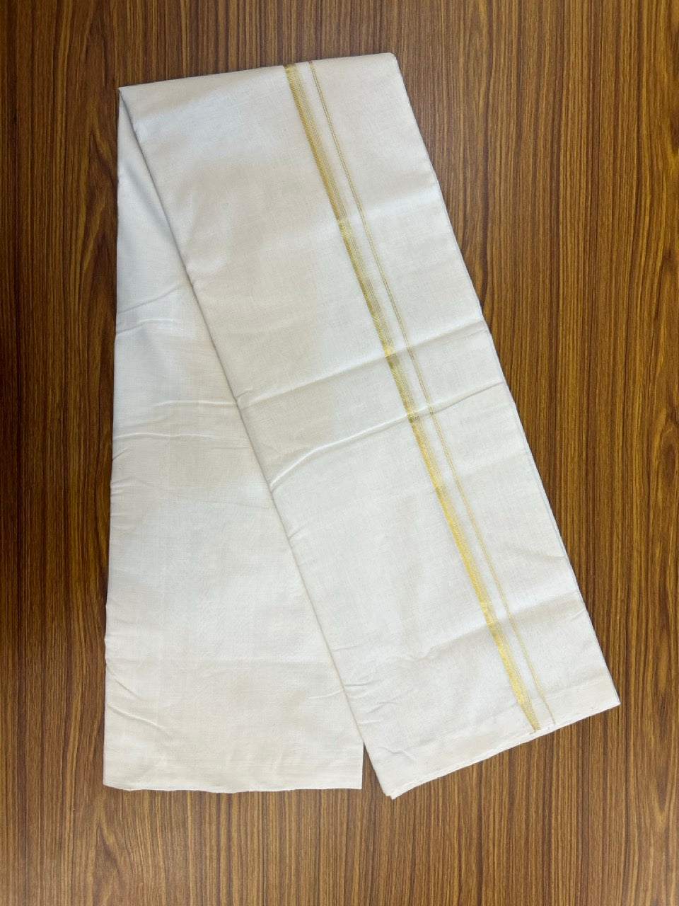 25% DISCOUNT!! KaithariKada HANDLOOM UNAKKUPAAV Balaramapuram - 100% PURE Cotton OFF White - (Unbleached) Double Mundu/Dothi - 100 x 80 - Gold Kasav PURE JERRY - 3.80 meter (8.5 mulam) - 43 KK5249 REA