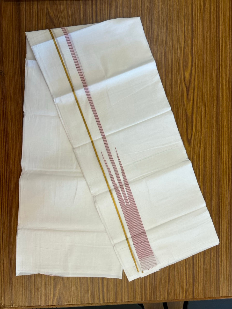 24% Discount! KaithariKada Balaramapuram 100% Cotton Pure white Double Mundu/Dhoti - (100x80)s - 1.5 inch Puliyilakkara Red pink Stripes Chutty Gold Kasav - 43 KK5258 THI