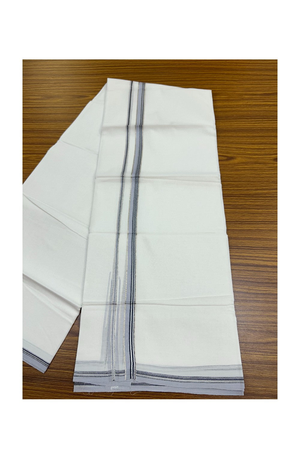20% Discount !! Kaitharikada Balaramapuram 100% Cotton PURE WHITE DOUBLE Mundu/Dothi- 100X80 Thread - 0.5 inch - Silver Kasavu Ash Blue & Black Design Chutty Kara - 43KK5191CKS