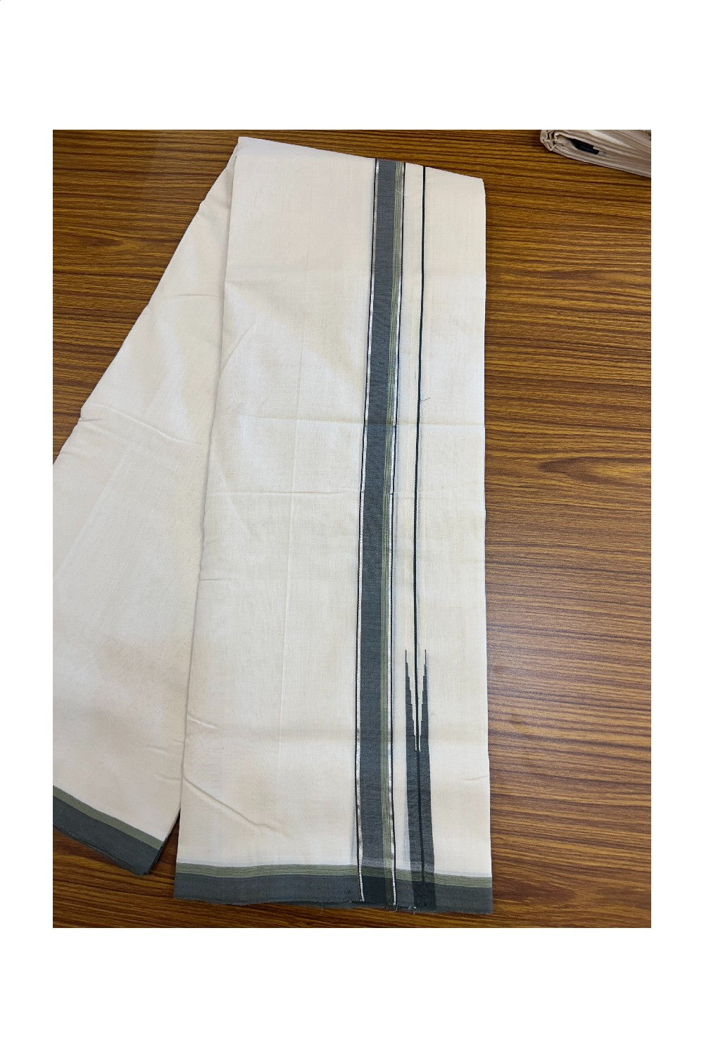 25% DISCOUNT!! KaithariKada HANDLOOM UNAKKUPAAV Balaramapuram - 100% PURE Cotton OFF White - (Unbleached) Double Mundu/Dothi - 80X100 - 1 inch Puliyilakkara Silver Kasavu Olive Green & Green Striped Chutty Kara 3.80 meter (8.5 Muzham) - 43KK5209 REA