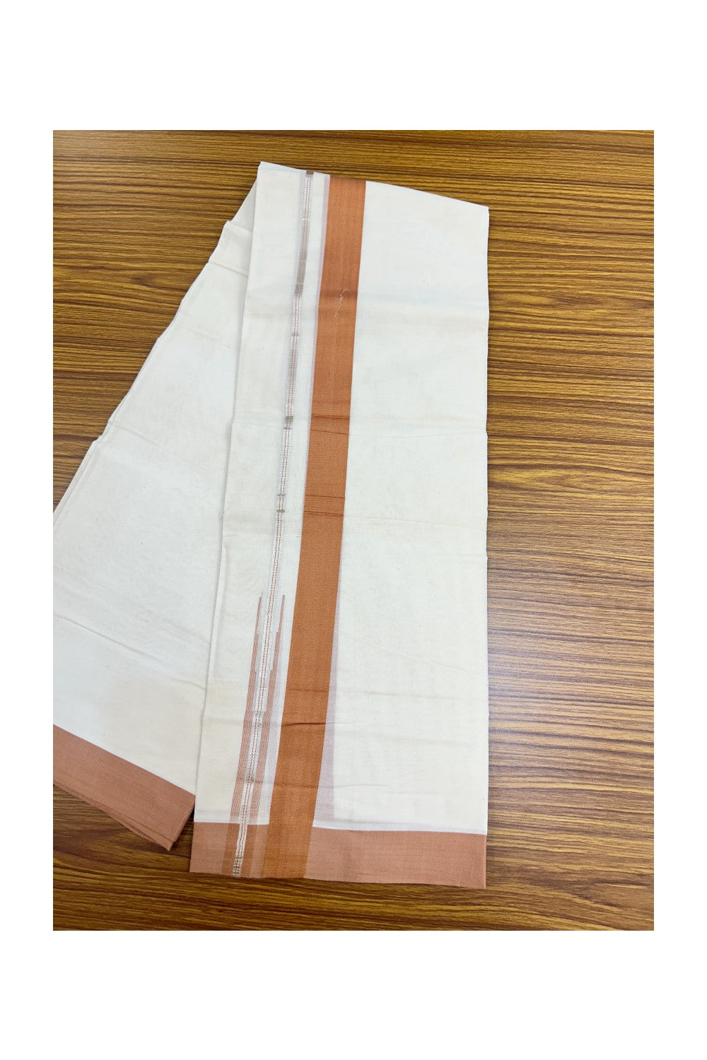 20% Discount ! KaithariKada Balaramapuram 100% Cotton Double OFF WHITE - (Unbleached) - Mundu / Dhoti- 100x80 - Puliyilakkara 1.5 inch Silver kasavu Light brown striped chutty - 43KK5213 VIN