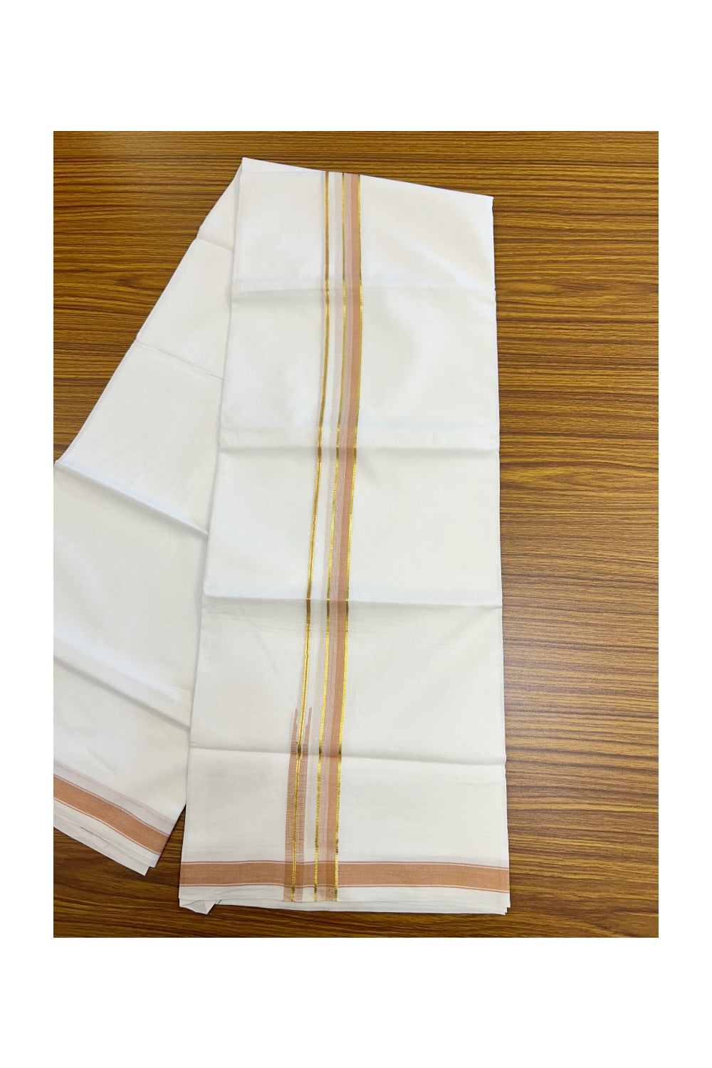 20% DISCOUNT!! Kaitharikada Balaramapuram 100% Pure Cotton PURE WHITE Double Mundu/Dothi - 100x80 - 0.75 Inch Pastel Orange & Gold Kasavu shaded Stripes Puliyilakkara Chutty - 43KK5217 CKS