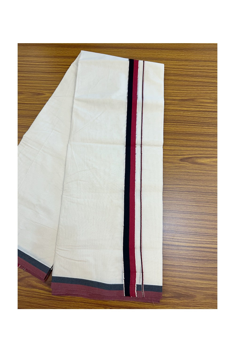 DMK Veshti - 20% DISCOUNT! KaithariKada 100% Cotton off white Double - (Unbleached) Mundu/Dhoti - 100X100 - 1 inch Silver Kasavu & Black Maroon kara - 51KK5218ASH