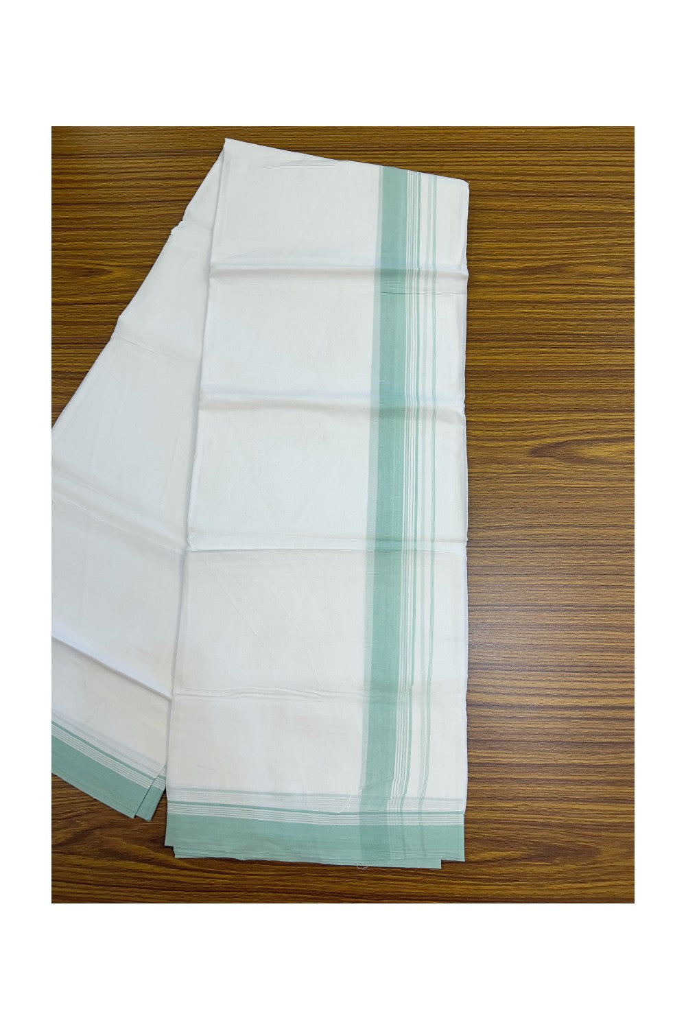 20% Discount ! Kaitharikada Balaramapuram 100% Cotton PURE WHITE Double Mundu/Dothi - 100x80 - 1.5 inch Mint Green Striped Kara 3.75 mtr (8 muzham) - 43KK5220 THI