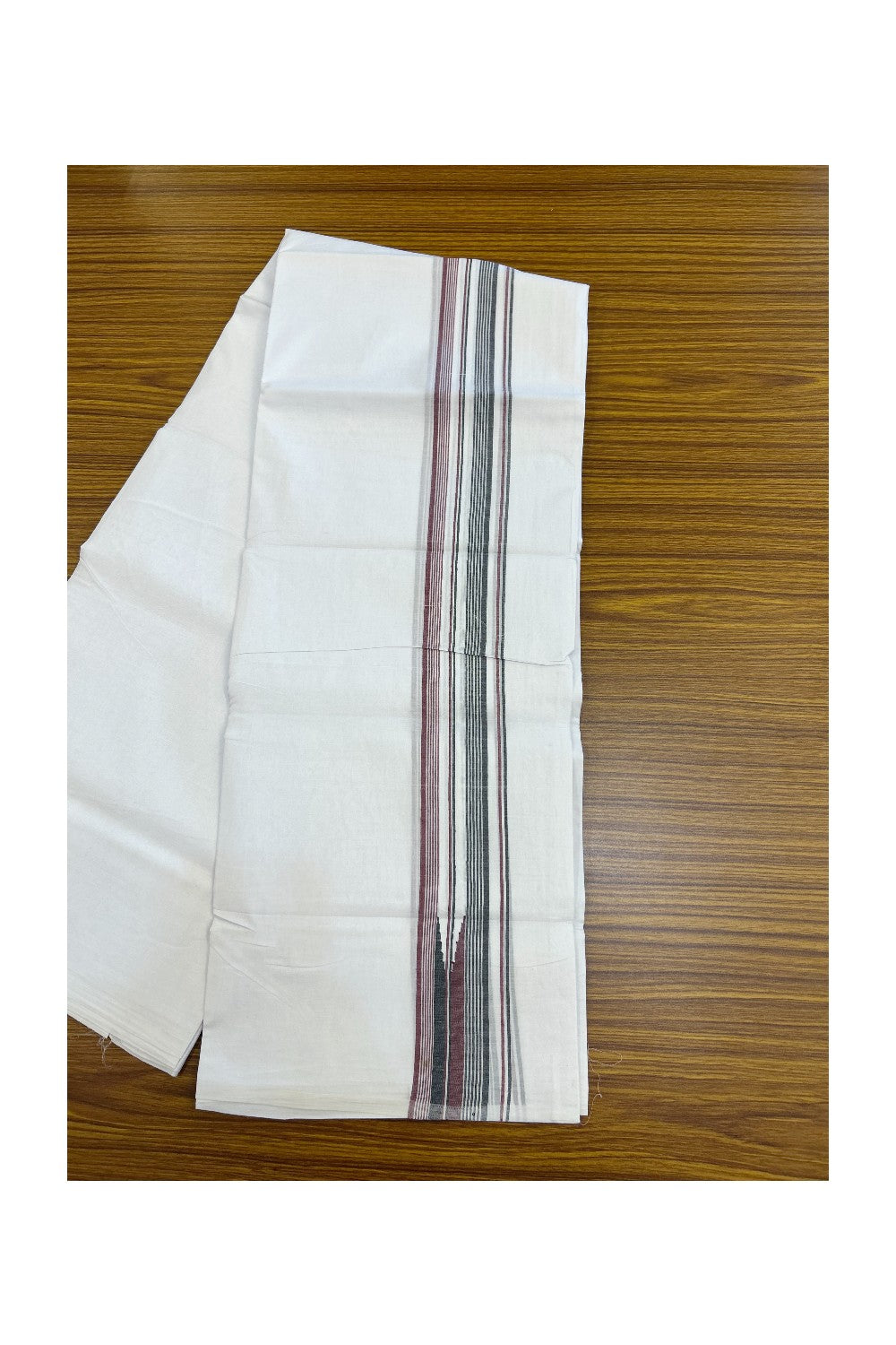 ADMK VESHTI 20% Discount !! KaithariKada Balaramapuram Double PURE WHITE Mundu/Dhoti - 100X100 - 1.75 inch Puliyilakkara Maroon & Black Striped Chutty Kara 4.34 mtr (9 muzham) - 41KK5224 ASH