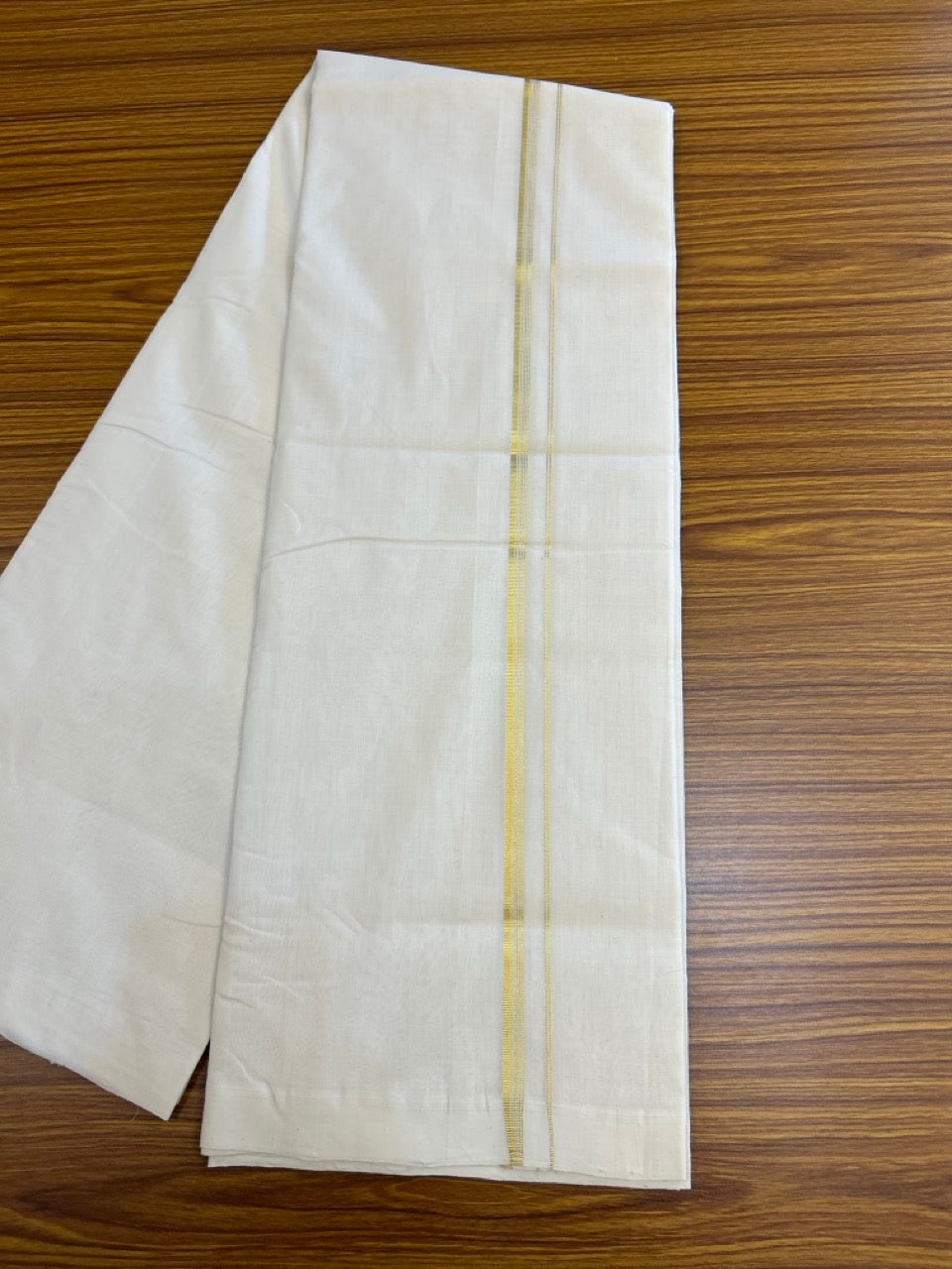 25% DISCOUNT!! KaithariKada HANDLOOM UNAKKUPAAV Balaramapuram - 100% PURE Cotton OFF White - (Unbleached) Double Mundu/Dothi - 100 x 80 - Gold Kasav PURE JERRY - 3.80 meter (8.5 mulam) - 43 KK5249 REA