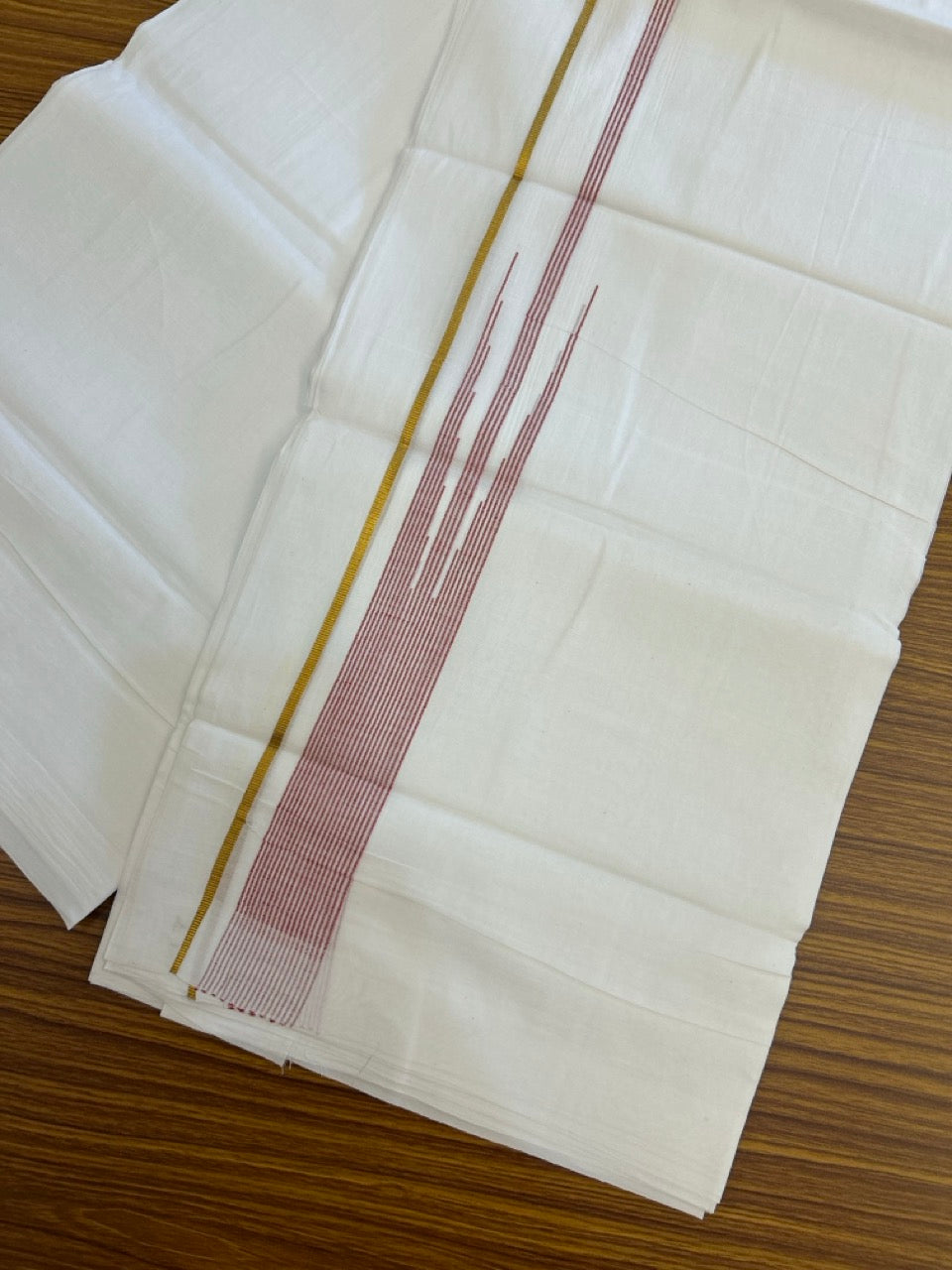 24% Discount! KaithariKada Balaramapuram 100% Cotton Pure white Double Mundu/Dhoti - (100x80)s - 1.5 inch Puliyilakkara Red pink Stripes Chutty Gold Kasav - 43 KK5258 THI