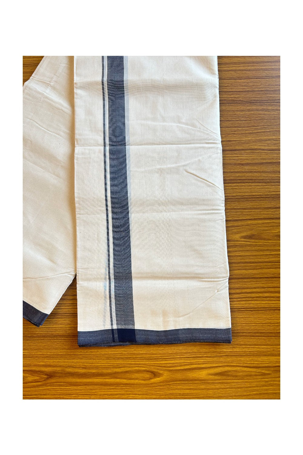 25% DISCOUNT!! KaithariKada HANDLOOM millpaav Balaramapuram - 100% PURE Cotton OFF White (Unbleached) Double Mundu/Dothi - 1.75 inch Navy Blue Mulloth Kara 4.5 Meters (10 Muzham) - 43KK403RAM
