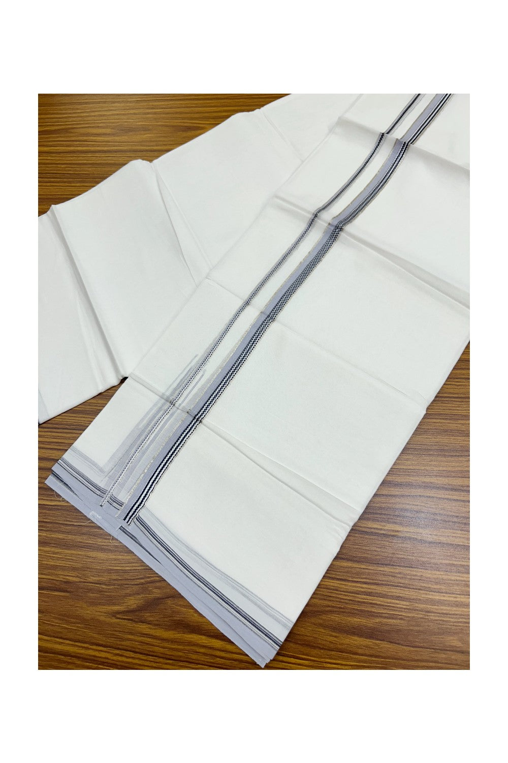 20% Discount !! Kaitharikada Balaramapuram 100% Cotton PURE WHITE DOUBLE Mundu/Dothi- 100X80 Thread - 0.5 inch - Silver Kasavu Ash Blue & Black Design Chutty Kara - 43KK5191CKS