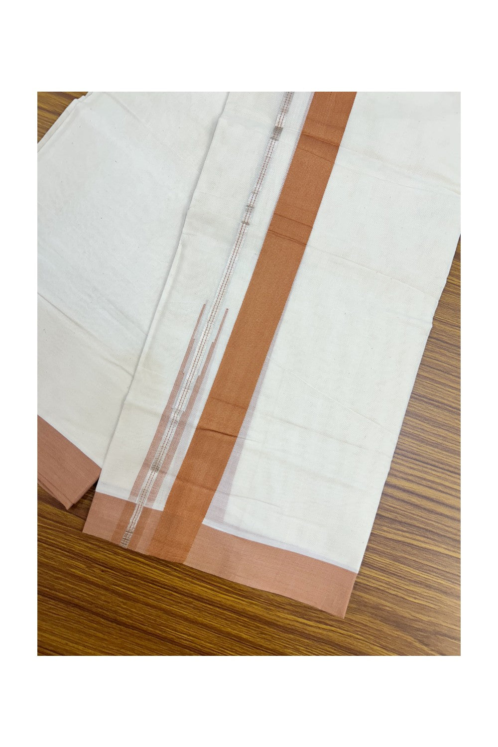 20% Discount ! KaithariKada Balaramapuram 100% Cotton Double OFF WHITE - (Unbleached) - Mundu / Dhoti- 100x80 - Puliyilakkara 1.5 inch Silver kasavu Light brown striped chutty - 43KK5213 VIN