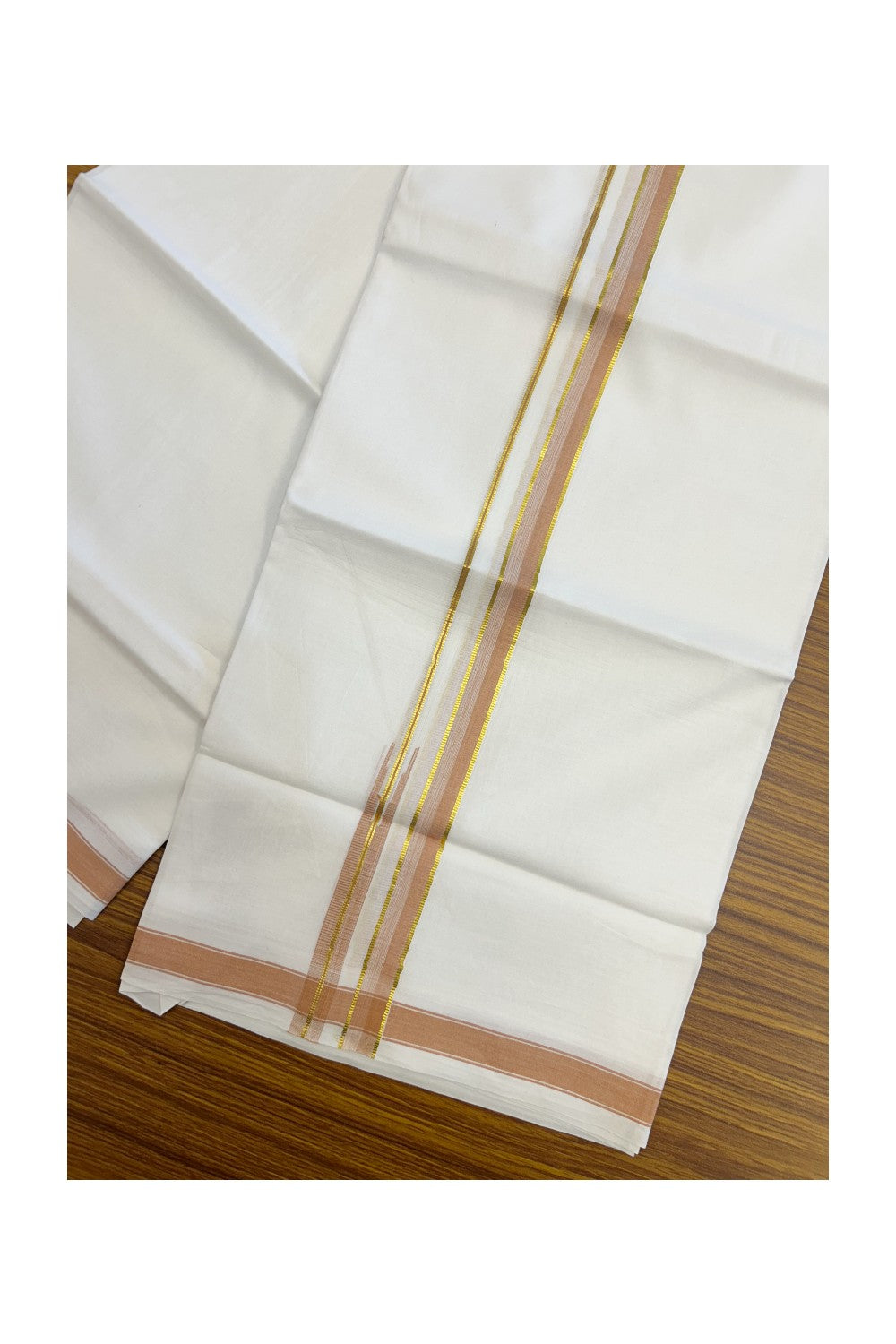 20% DISCOUNT!! Kaitharikada Balaramapuram 100% Pure Cotton PURE WHITE Double Mundu/Dothi - 100x80 - 0.75 Inch Pastel Orange & Gold Kasavu shaded Stripes Puliyilakkara Chutty - 43KK5217 CKS