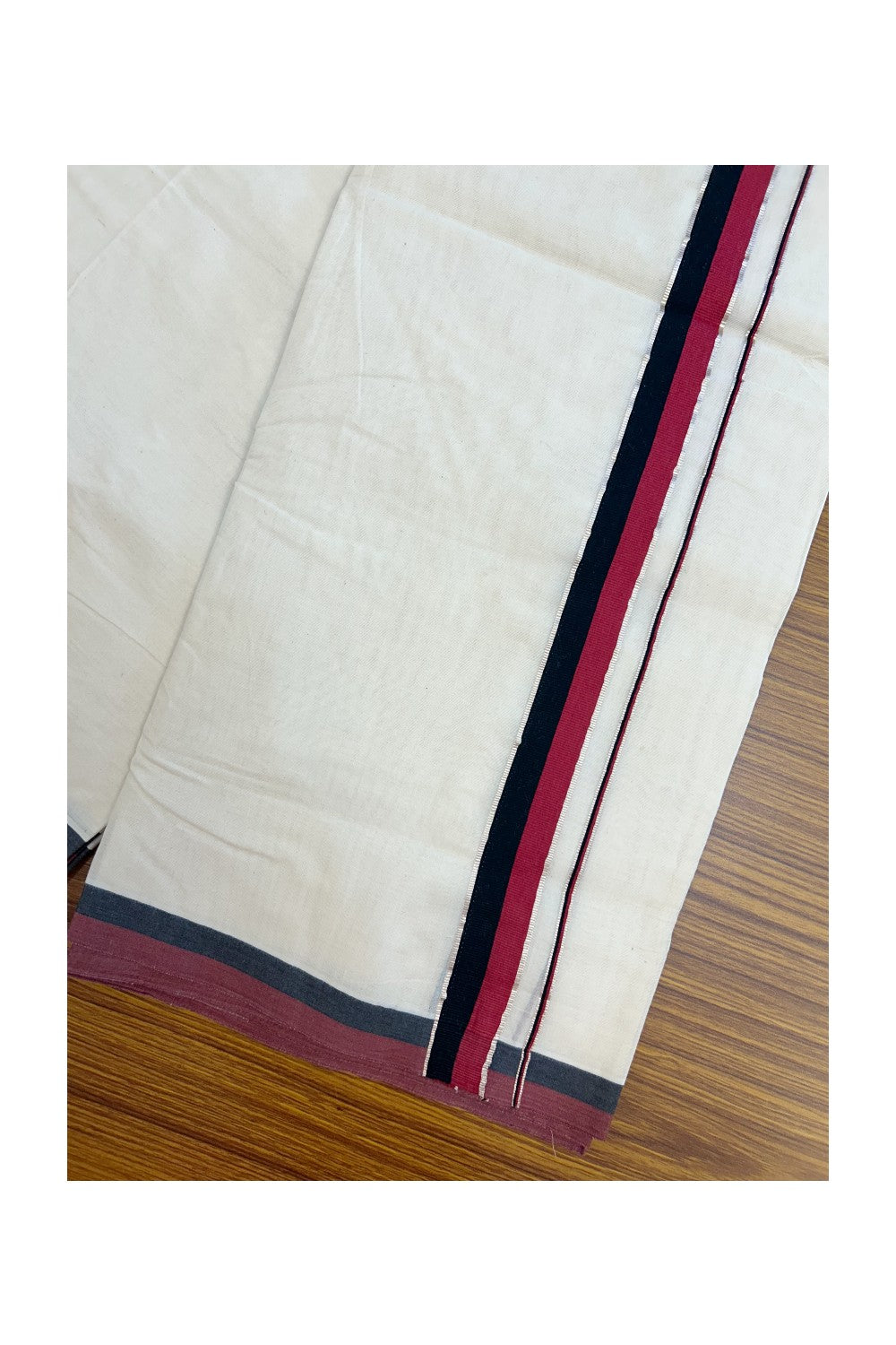 DMK Veshti - 20% DISCOUNT! KaithariKada 100% Cotton off white Double - (Unbleached) Mundu/Dhoti - 100X100 - 1 inch Silver Kasavu & Black Maroon kara - 51KK5218ASH