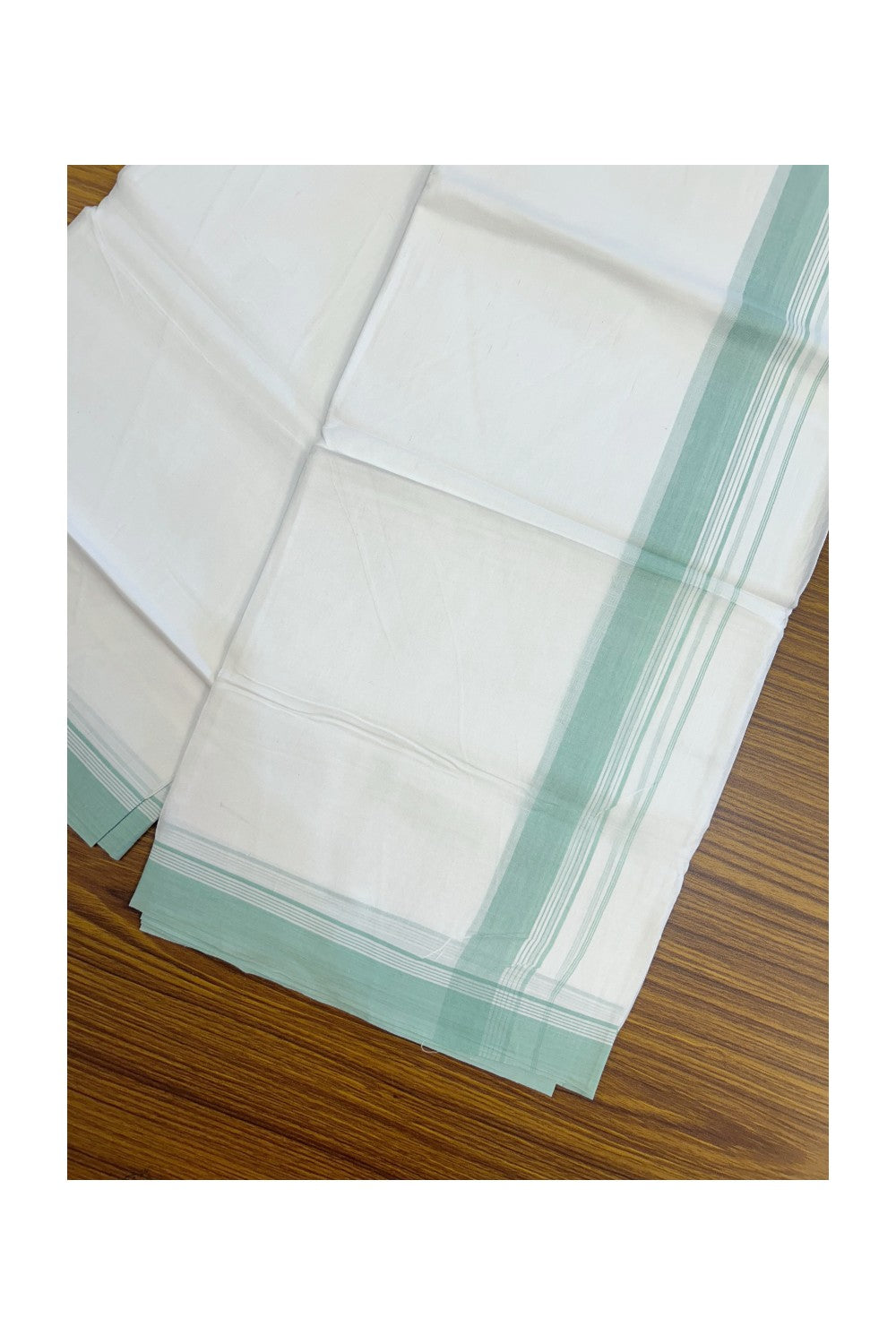 20% Discount ! Kaitharikada Balaramapuram 100% Cotton PURE WHITE Double Mundu/Dothi - 100x80 - 1.5 inch Mint Green Striped Kara 3.75 mtr (8 muzham) - 43KK5220 THI