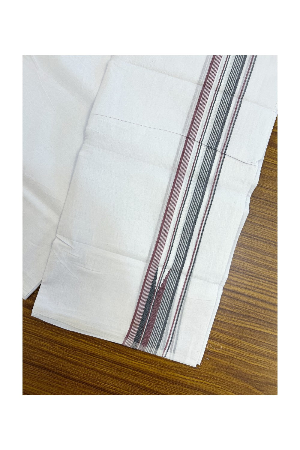 ADMK VESHTI 20% Discount !! KaithariKada Balaramapuram Double PURE WHITE Mundu/Dhoti - 100X100 - 1.75 inch Puliyilakkara Maroon & Black Striped Chutty Kara 4.34 mtr (9 muzham) - 41KK5224 ASH
