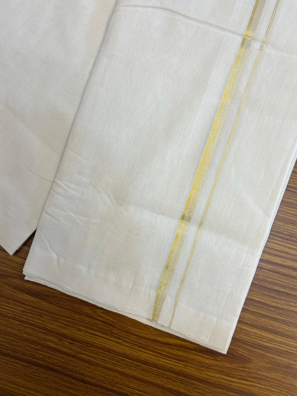 25% DISCOUNT!! KaithariKada HANDLOOM UNAKKUPAAV Balaramapuram - 100% PURE Cotton OFF White - (Unbleached) Double Mundu/Dothi - 100 x 80 - Gold Kasav PURE JERRY - 3.80 meter (8.5 mulam) - 43 KK5249 REA