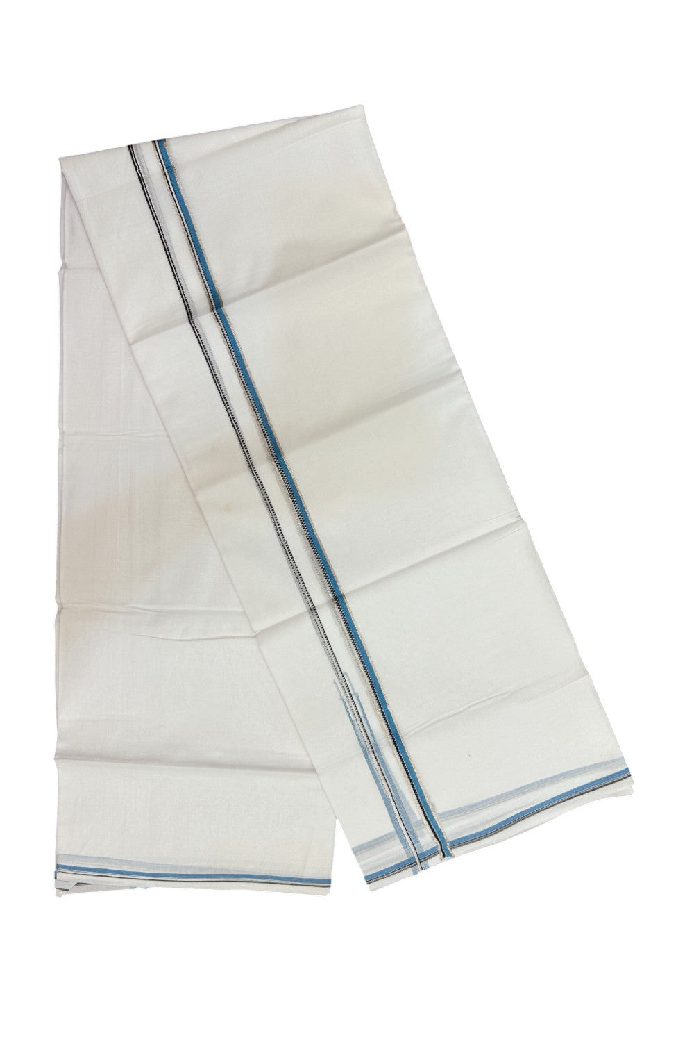 20% Discount !! Kaitharikada Balaramapuram 100% Cotton PURE WHITE DOUBLE Mundu/Dothi- 100X80 Thread - 0.5 inch - Silver Kasavu Sky Blue & Black Design Chutty Kara - 44KK5191CKS