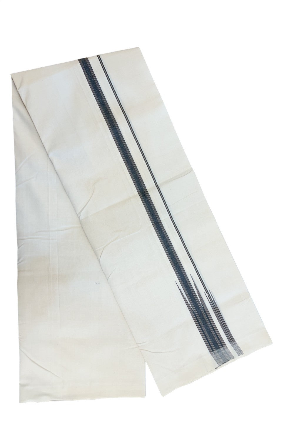 25% DISCOUNT!! KaithariKada HANDLOOM UNAKKUPAAV Balaramapuram - 100% PURE Cotton OFF White - (Unbleached) Double Mundu/Dothi - 80X100 - 1.25 inch Puliyilakkara Black & Sand Brown chutty Kara 3.80 meter (8.5 Muzham) - 44KK5209 REA
