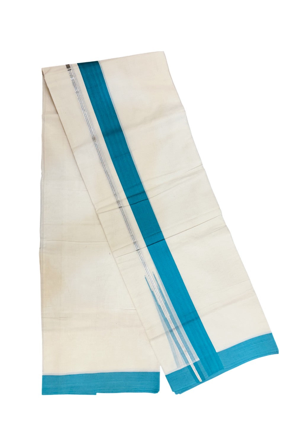 20% Discount ! KaithariKada Balaramapuram 100% Cotton Double OFF WHITE - (Unbleached) - Mundu / Dhoti- 100x80 - Puliyilakkara 1.5 inch Silver kasavu Turquoise striped chutty - 44KK5213 VIN