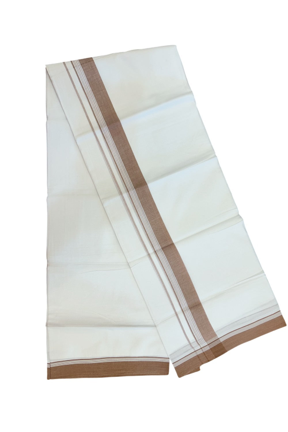 20% Discount ! Kaitharikada Balaramapuram 100% Cotton PURE WHITE Double Mundu/Dothi - 100x80 - 1.5 inch Brown Striped Kara 3.75 mtr (8 muzham) - 44KK5220 THI