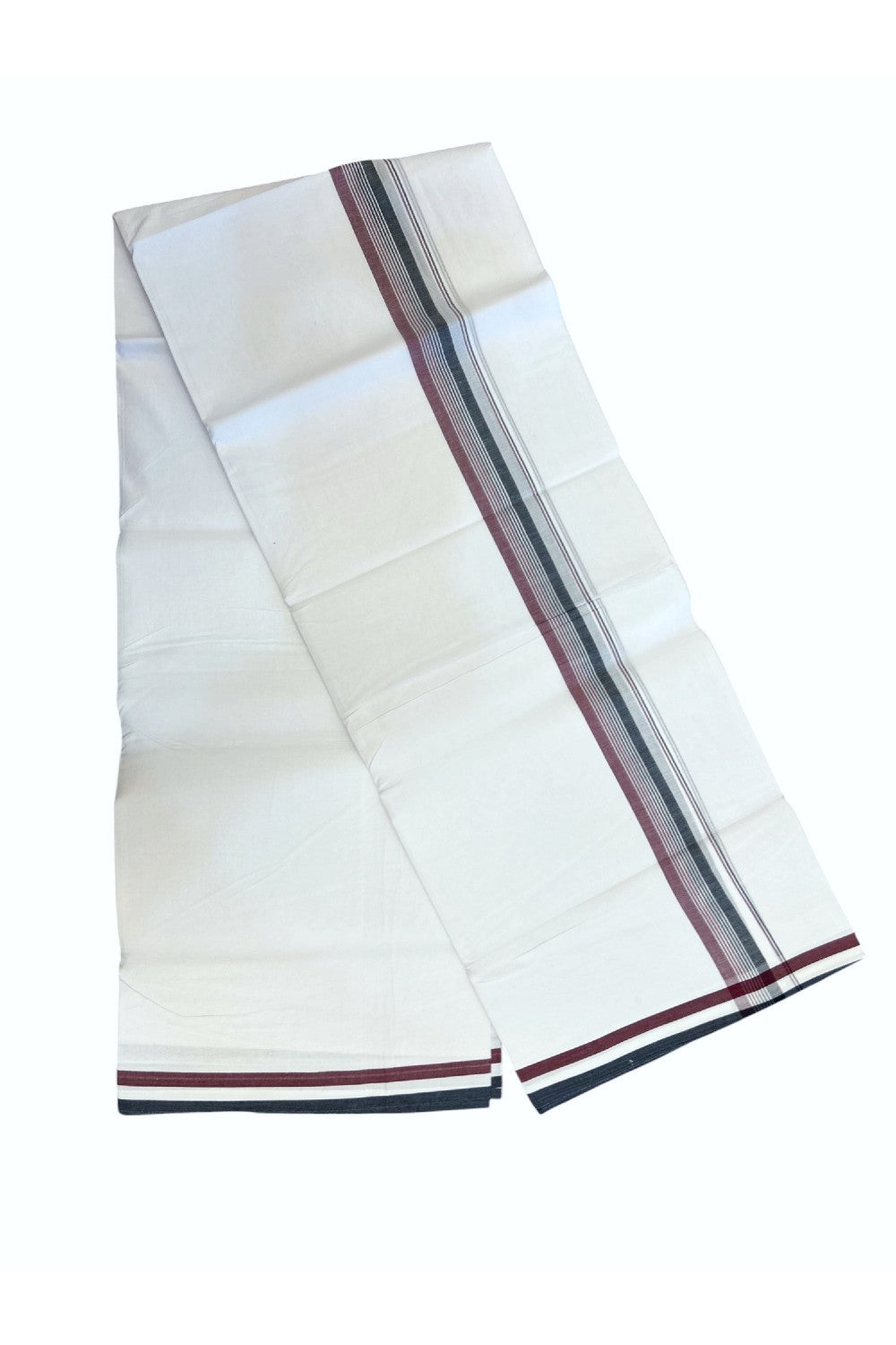 ADMK VESHTI - 20% DISCOUNT! KaithariKada 100% Cotton PURE WHITE Double Mundu/Dhoti - 100X100 - 1.25 inch Black White & Maroon kara 4 mtr (8.5 muzham) - 42KK5224 ASH