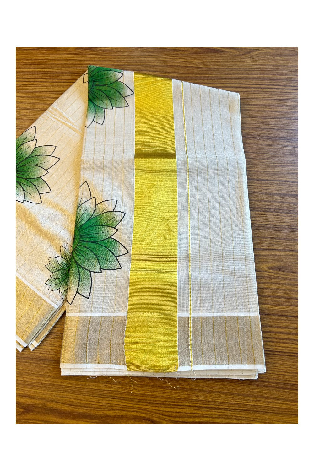 25% Discount!! Kaitharikada Kerala Cotton 12 inch Gold & Green Flower Painted Design Tissue Kasavu Saree - 44KK303VIN