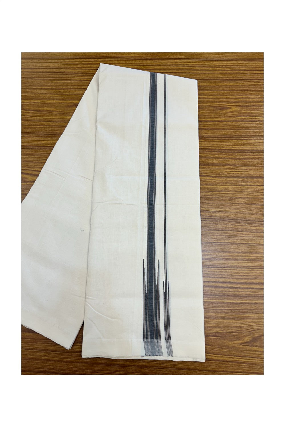 25% DISCOUNT!! KaithariKada HANDLOOM UNAKKUPAAV Balaramapuram - 100% PURE Cotton OFF White - (Unbleached) Double Mundu/Dothi - 80X100 - 1.25 inch Puliyilakkara Black & Sand Brown chutty Kara 3.80 meter (8.5 Muzham) - 44KK5209 REA