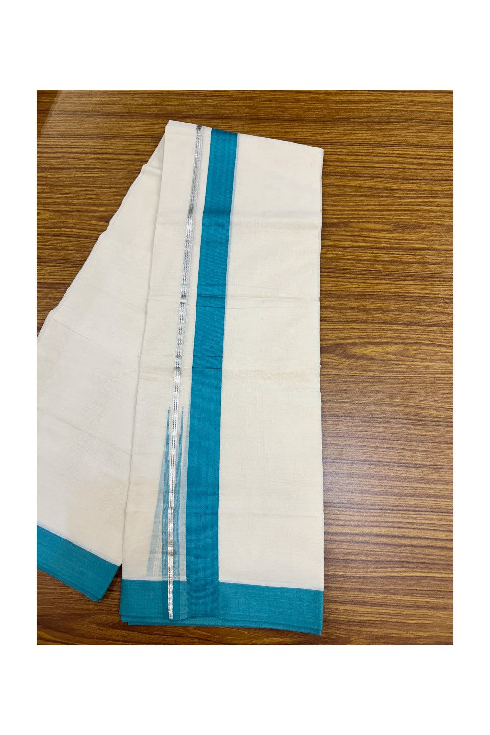 20% Discount ! KaithariKada Balaramapuram 100% Cotton Double OFF WHITE - (Unbleached) - Mundu / Dhoti- 100x80 - Puliyilakkara 1.5 inch Silver kasavu Turquoise striped chutty - 44KK5213 VIN
