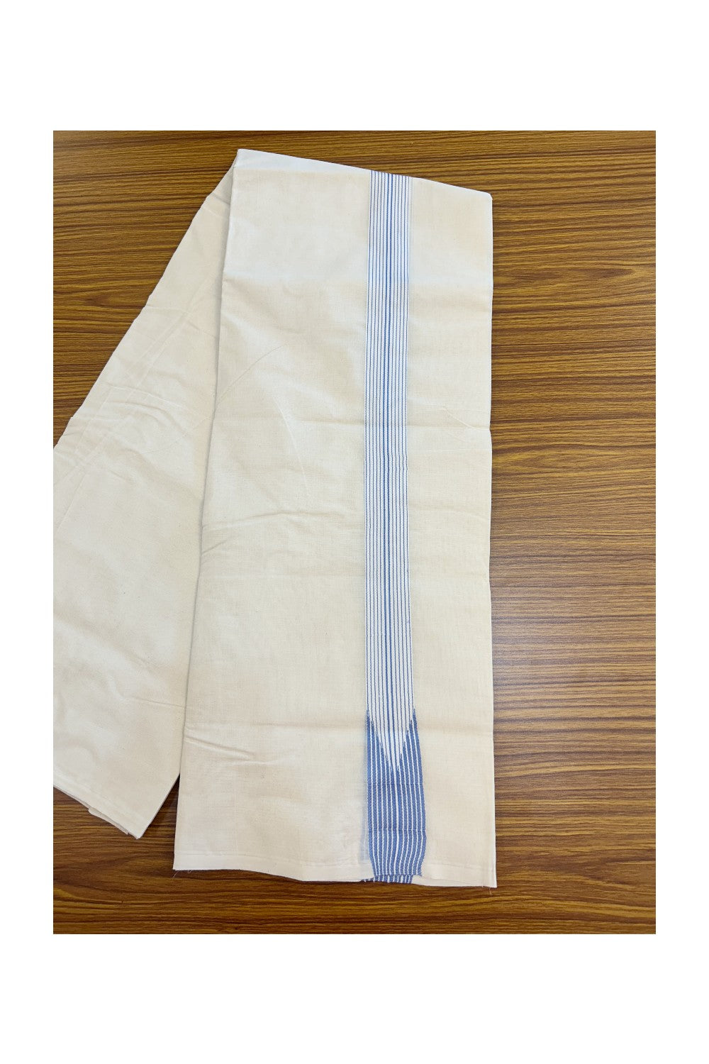20%OFFER! KaithariKada Balaramapuram 100% Cotton Double OFF WHITE - (Unbleached) Mundu/Dhoti-100x100 - 1.5 inch 12 LINE Puliyilakkara Blue Chutty Kara- 44KK5218ASH