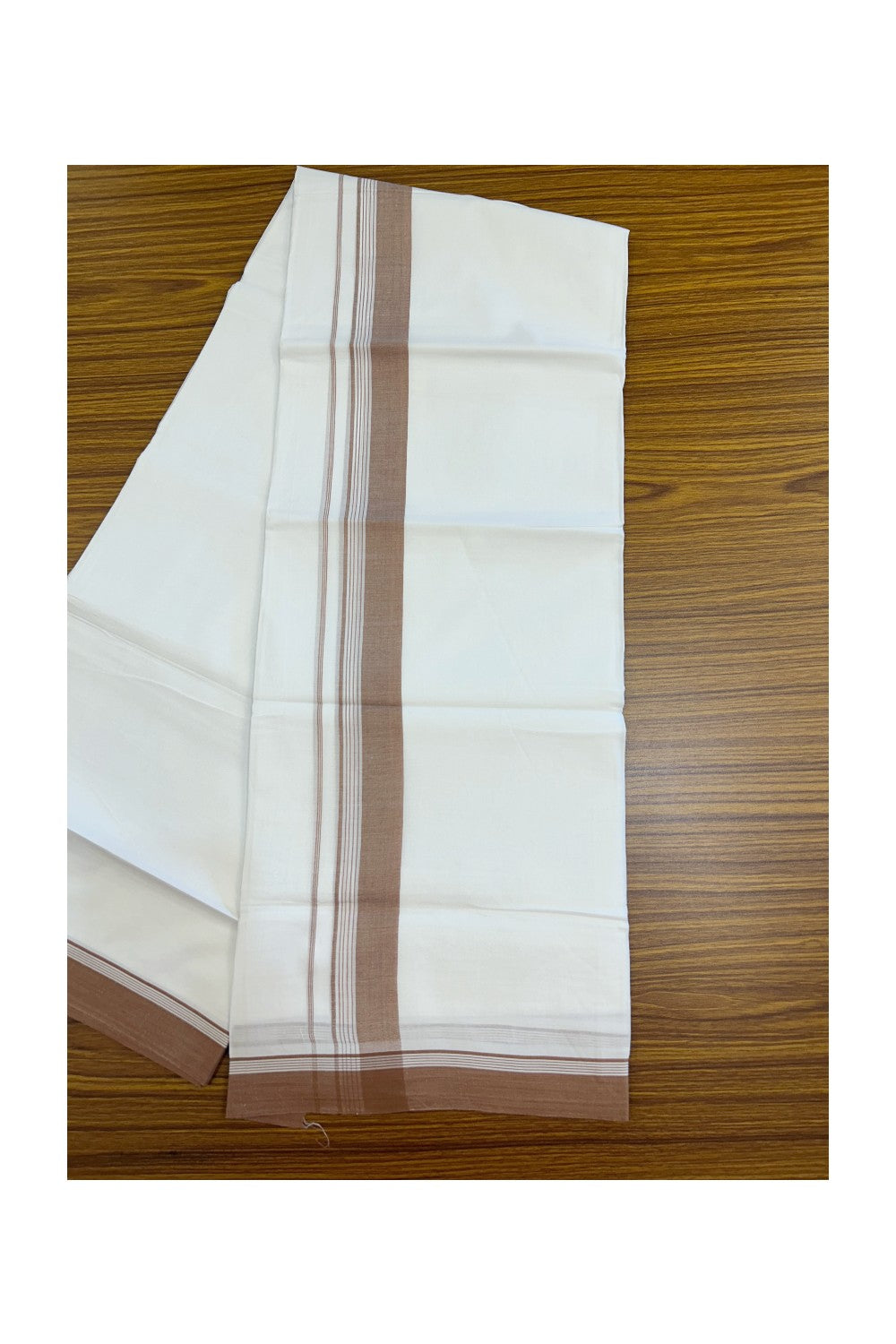 20% Discount ! Kaitharikada Balaramapuram 100% Cotton PURE WHITE Double Mundu/Dothi - 100x80 - 1.5 inch Brown Striped Kara 3.75 mtr (8 muzham) - 44KK5220 THI