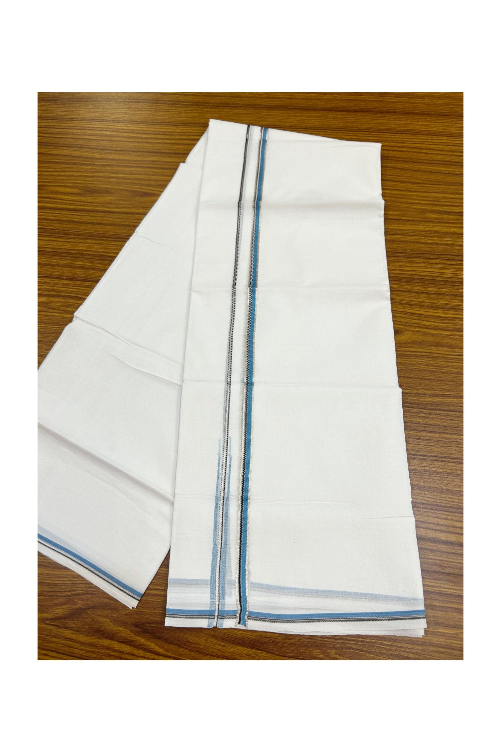 20% Discount !! Kaitharikada Balaramapuram 100% Cotton PURE WHITE DOUBLE Mundu/Dothi- 100X80 Thread - 0.5 inch - Silver Kasavu Sky Blue & Black Design Chutty Kara - 44KK5191CKS