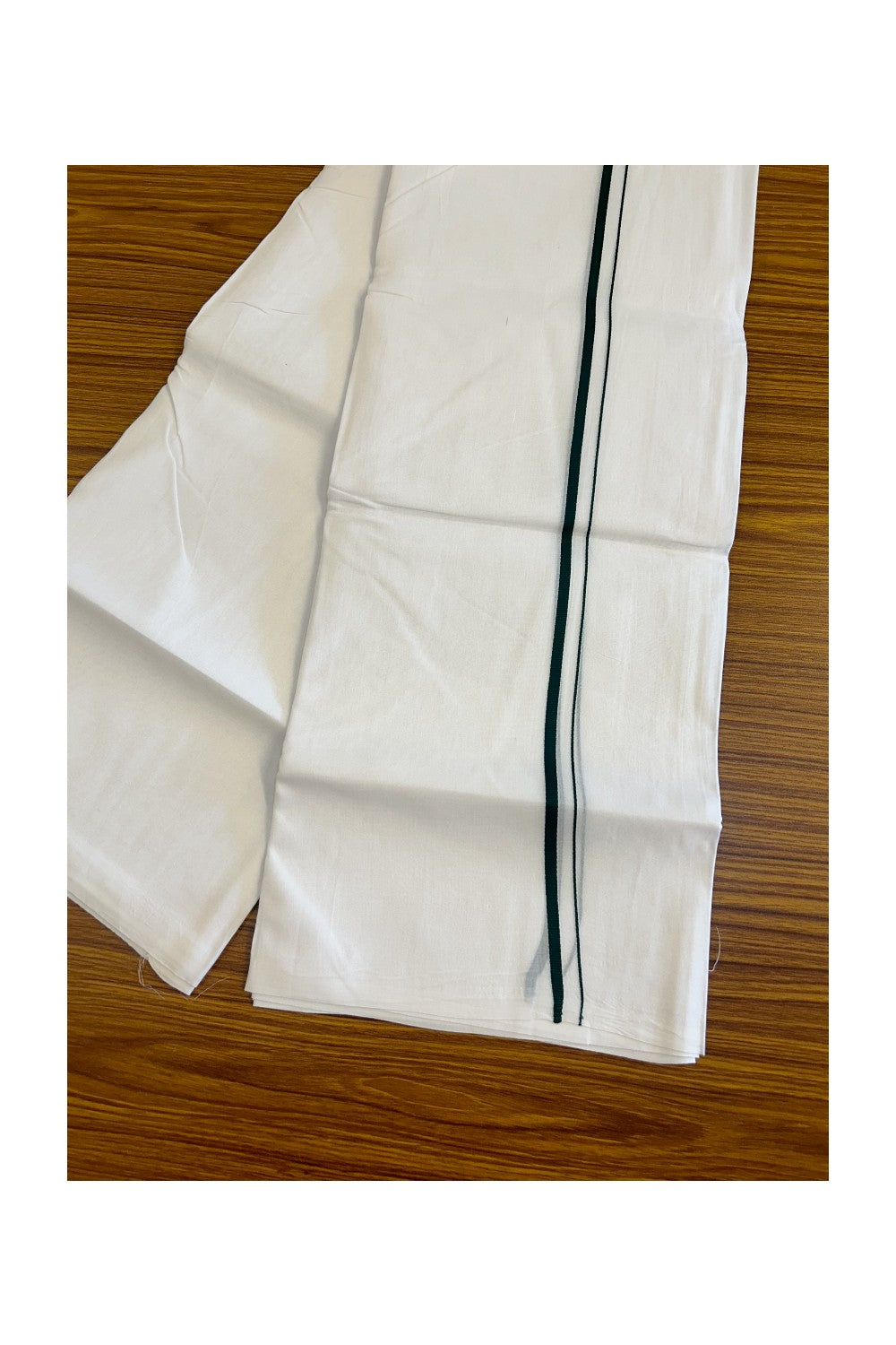 10% DISCOUNT ! KaithariKada Balaramapuram 100% Cotton Double Pure white Mundu/Dhoti-100X100- 1.5 cm Dark Green Kara - 44KK487KK
