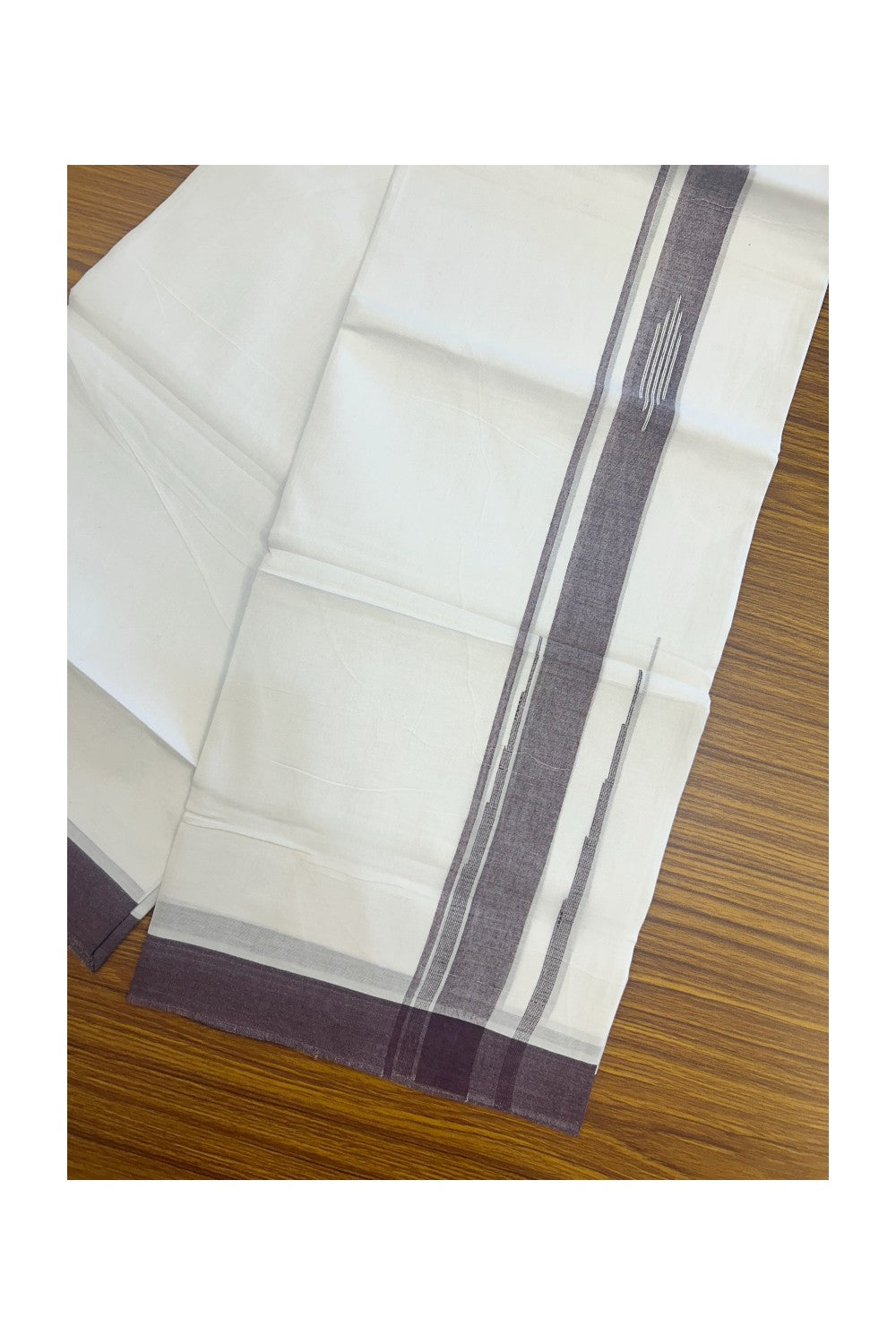 27% DISCOUNT!!! KaithariKada Balaramapuram 100% Cotton Double PURE white Mundu/Dhoti - 80X80 - 2.25 Inch Dark Purple shaded Centre stripes Putta Chutty kara - 44KK5074THI