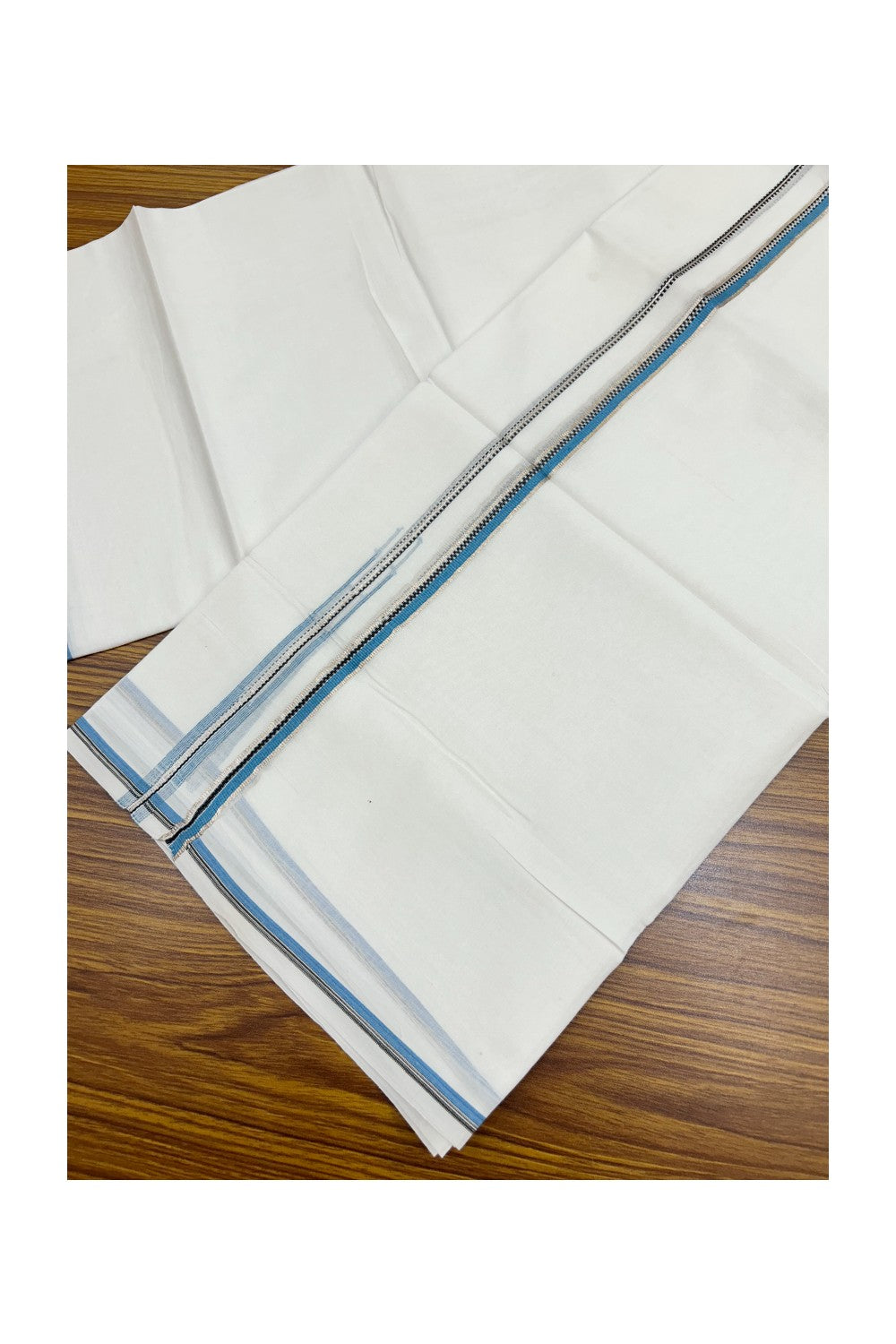 20% Discount !! Kaitharikada Balaramapuram 100% Cotton PURE WHITE DOUBLE Mundu/Dothi- 100X80 Thread - 0.5 inch - Silver Kasavu Sky Blue & Black Design Chutty Kara - 44KK5191CKS