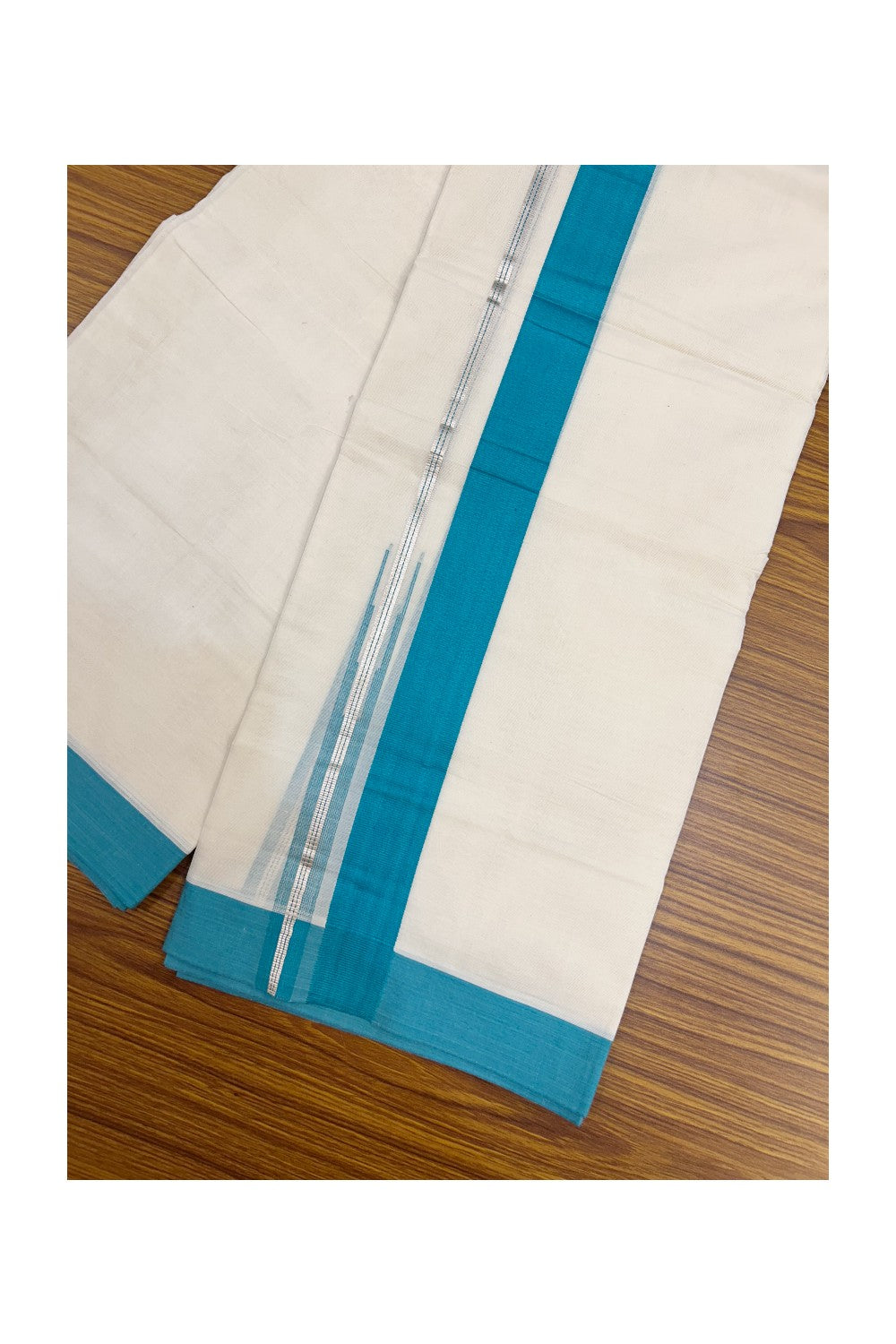 20% Discount ! KaithariKada Balaramapuram 100% Cotton Double OFF WHITE - (Unbleached) - Mundu / Dhoti- 100x80 - Puliyilakkara 1.5 inch Silver kasavu Turquoise striped chutty - 44KK5213 VIN