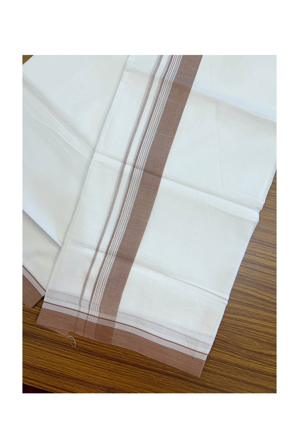 20% Discount ! Kaitharikada Balaramapuram 100% Cotton PURE WHITE Double Mundu/Dothi - 100x80 - 1.5 inch Brown Striped Kara 3.75 mtr (8 muzham) - 44KK5220 THI
