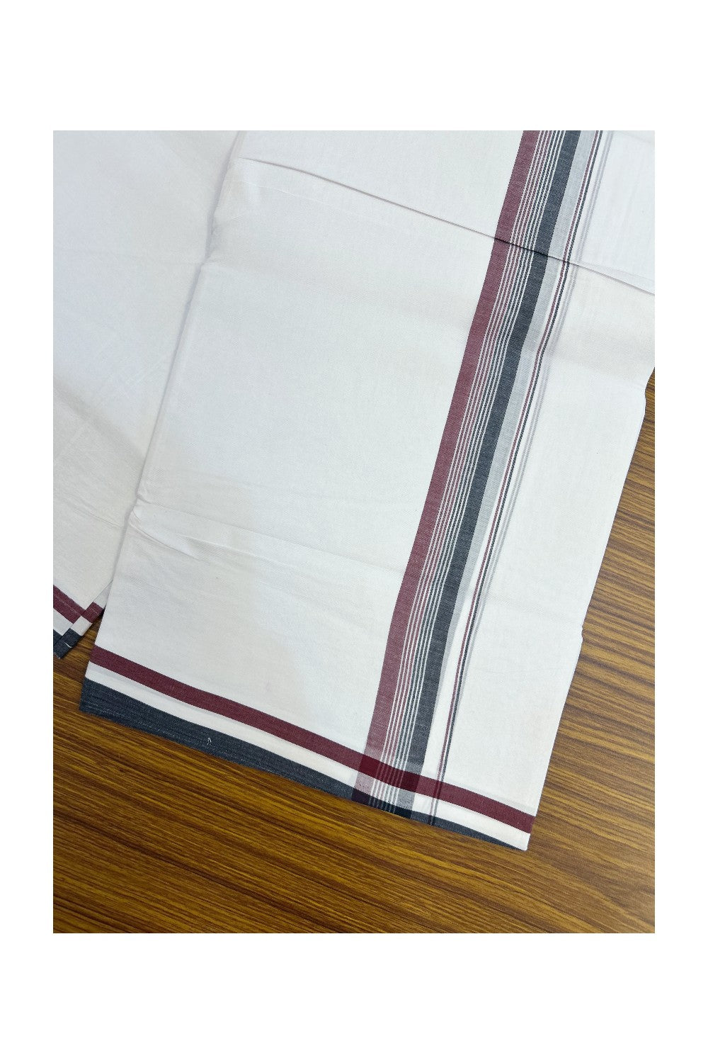 ADMK VESHTI - 20% DISCOUNT! KaithariKada 100% Cotton PURE WHITE Double Mundu/Dhoti - 100X100 - 1.25 inch Black White & Maroon kara 4 mtr (8.5 muzham) - 42KK5224 ASH