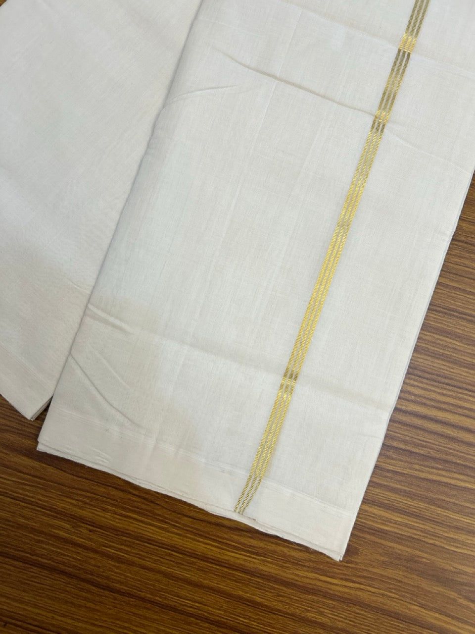 25% DISCOUNT!! KaithariKada HANDLOOM UNAKKUPAAV Balaramapuram - 100% PURE Cotton OFF White - (Unbleached) Double Mundu/Dothi - 100 x 80 - Gold Kasav PURE JERRY - 3.80 meter (8.5 mulam) - 44 KK5249 REA