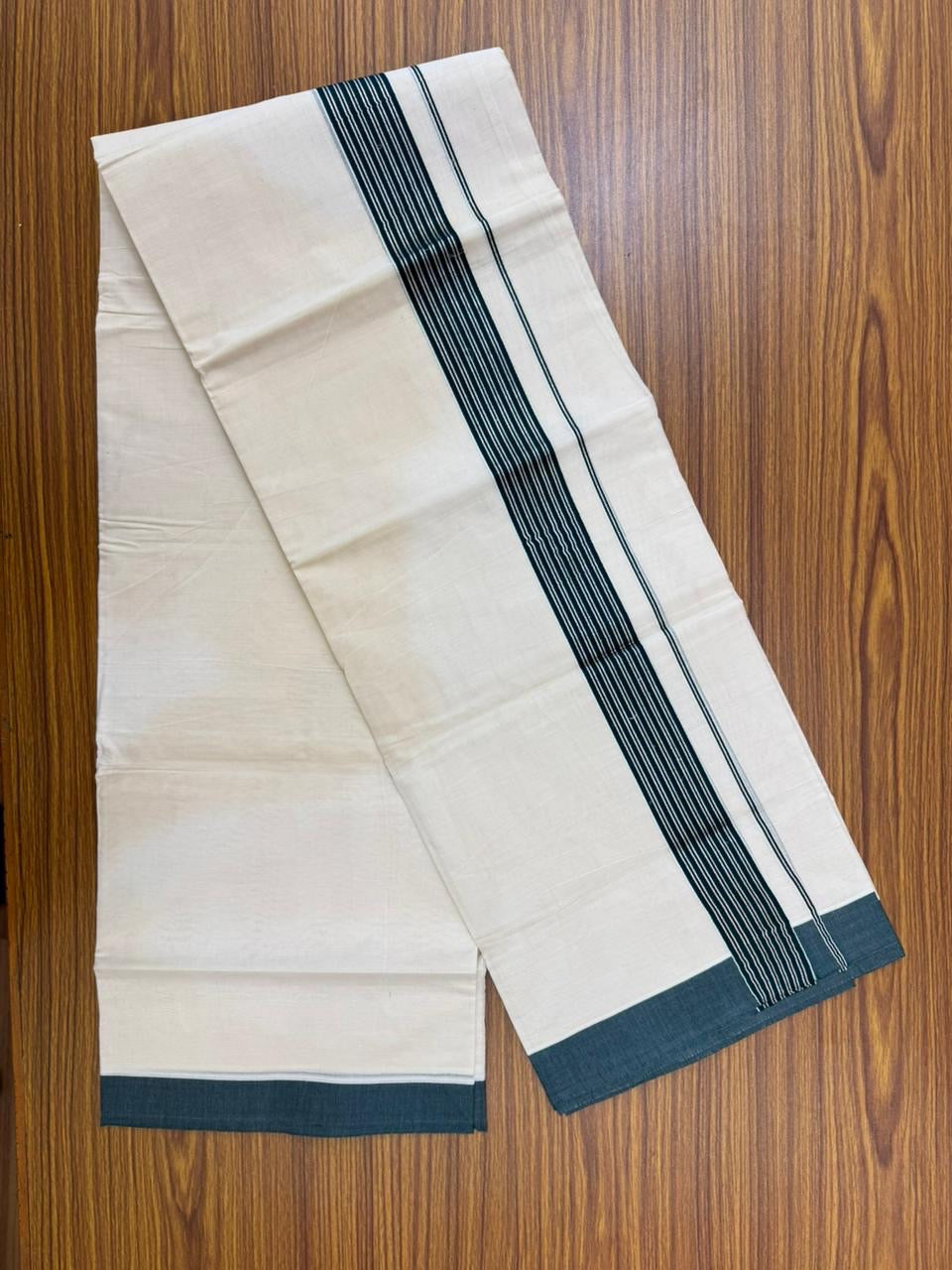 20% Discount! KaithariKada Balaramapuram 100% Cotton Off white Double Mundu/Dhoti - (100x80)S - 1.5 inch Dark Green & Silver Kasav Striped Kara - 4mtr (8.5muzham) - 82 KK5255 VAS