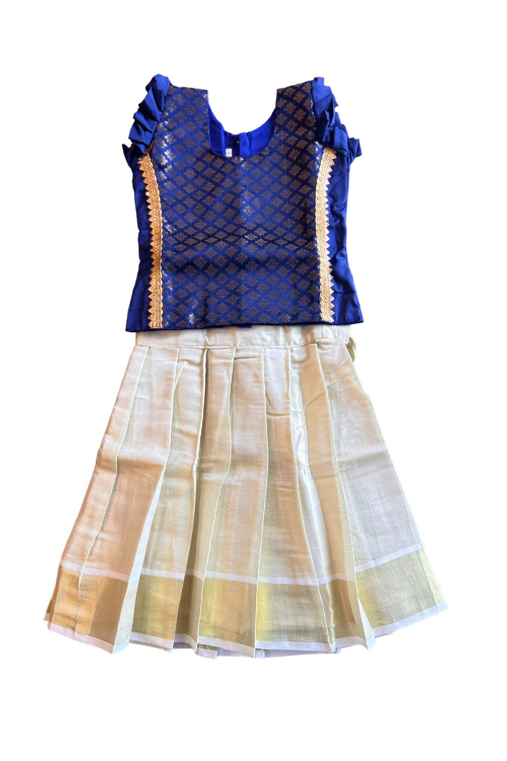 Midukki-Traditional South Indian Kids Pattu Pavada- Navy blue brocade top tissue skirt- Age 3 - KK3MID0045