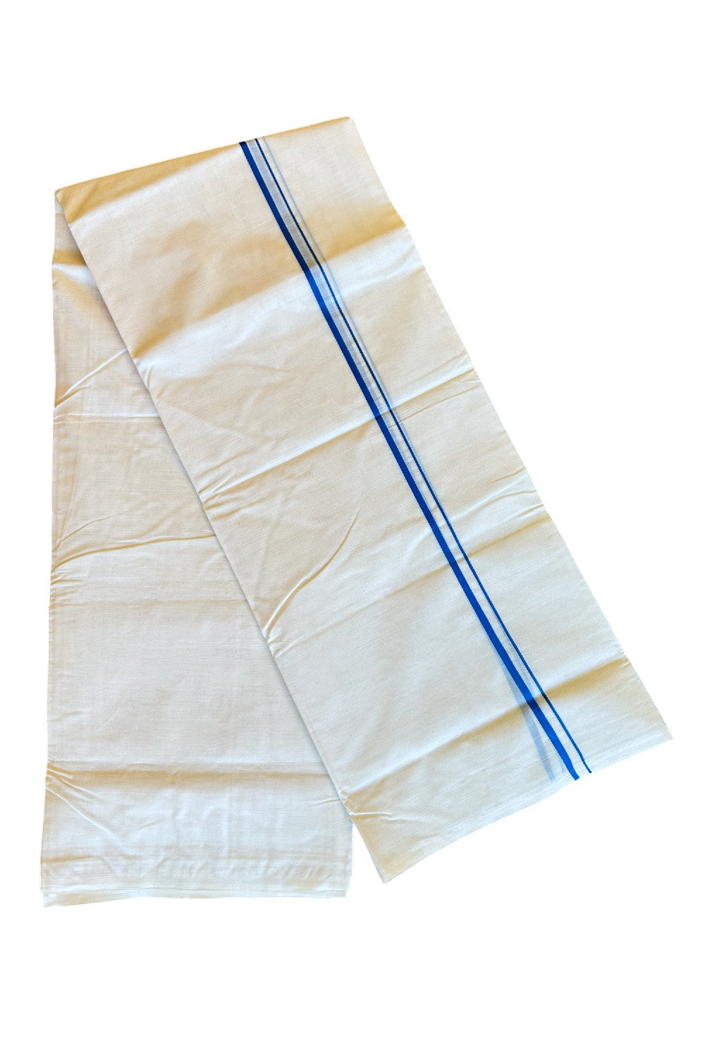 34% DISCOUNT! KaithariKada Balaramapuram 100% Cotton Double Off white - (Unbleached) Mundu/Dhoti- 100x100 1.cm Blue Thin Kara 4.26 mtr - 45KK500KK