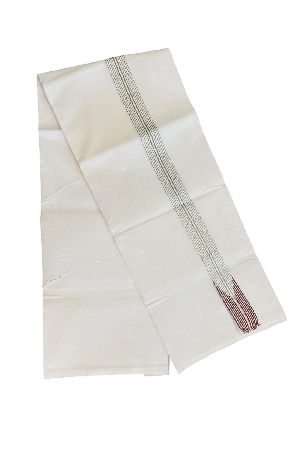 26% DISCOUNT ! KaithariKada Balaramapuram 100% Cotton PURE WHITE Double Dhoti/Mundu- 1.25 inch 12 Line Puliyilakkara Chutty Brown & Silver Kasavu Kara - 45KK5043ASH