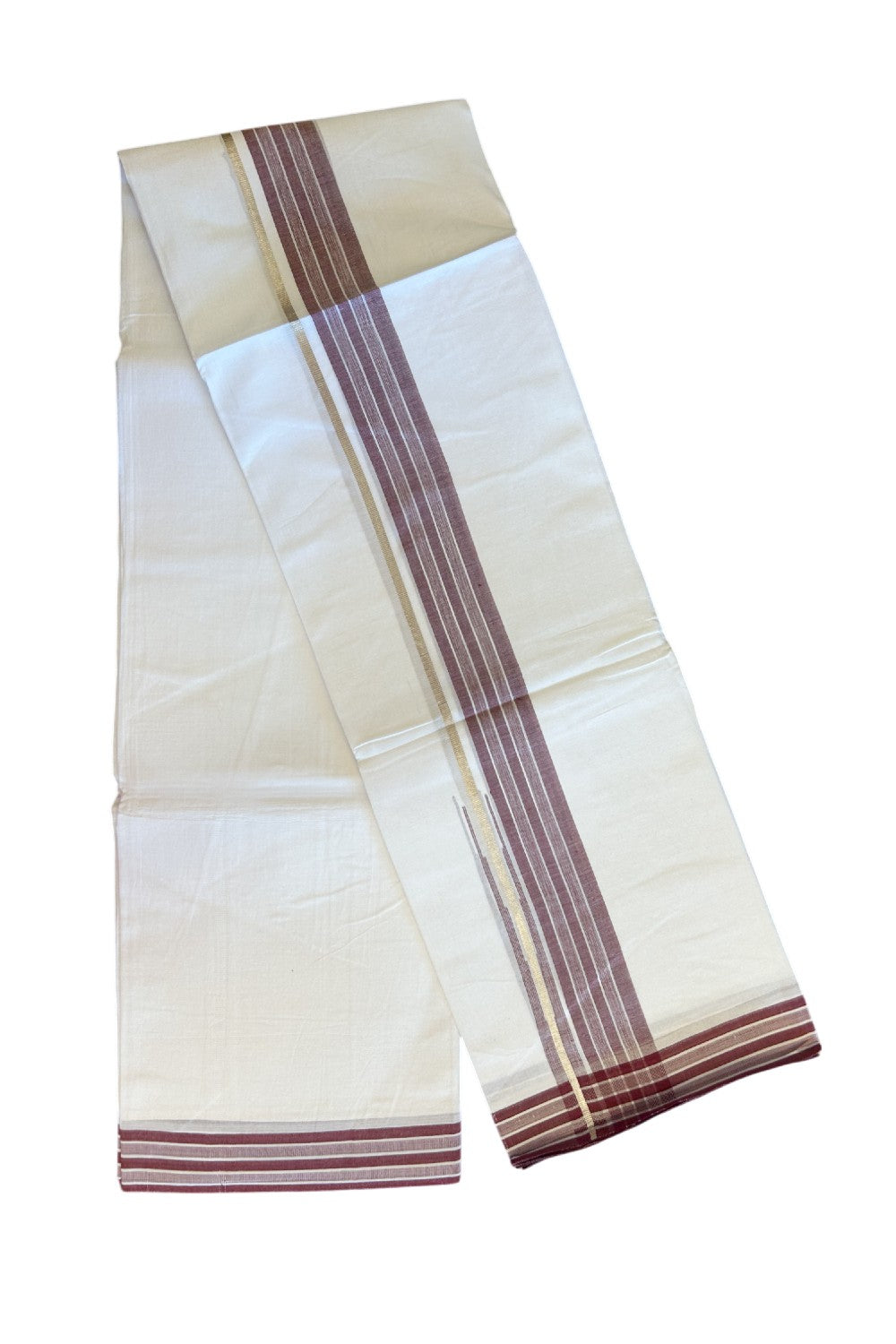 20% DISCOUNT!! Kaitharikada Balaramapuram 100% Cotton PURE WHITE Double Mundu/Dothi - 80X90 - 1.5 Inch Silver Kasav Maroon Stripes Chutty Kara 3.70 m (8 Muzham) - 64KK5115THI